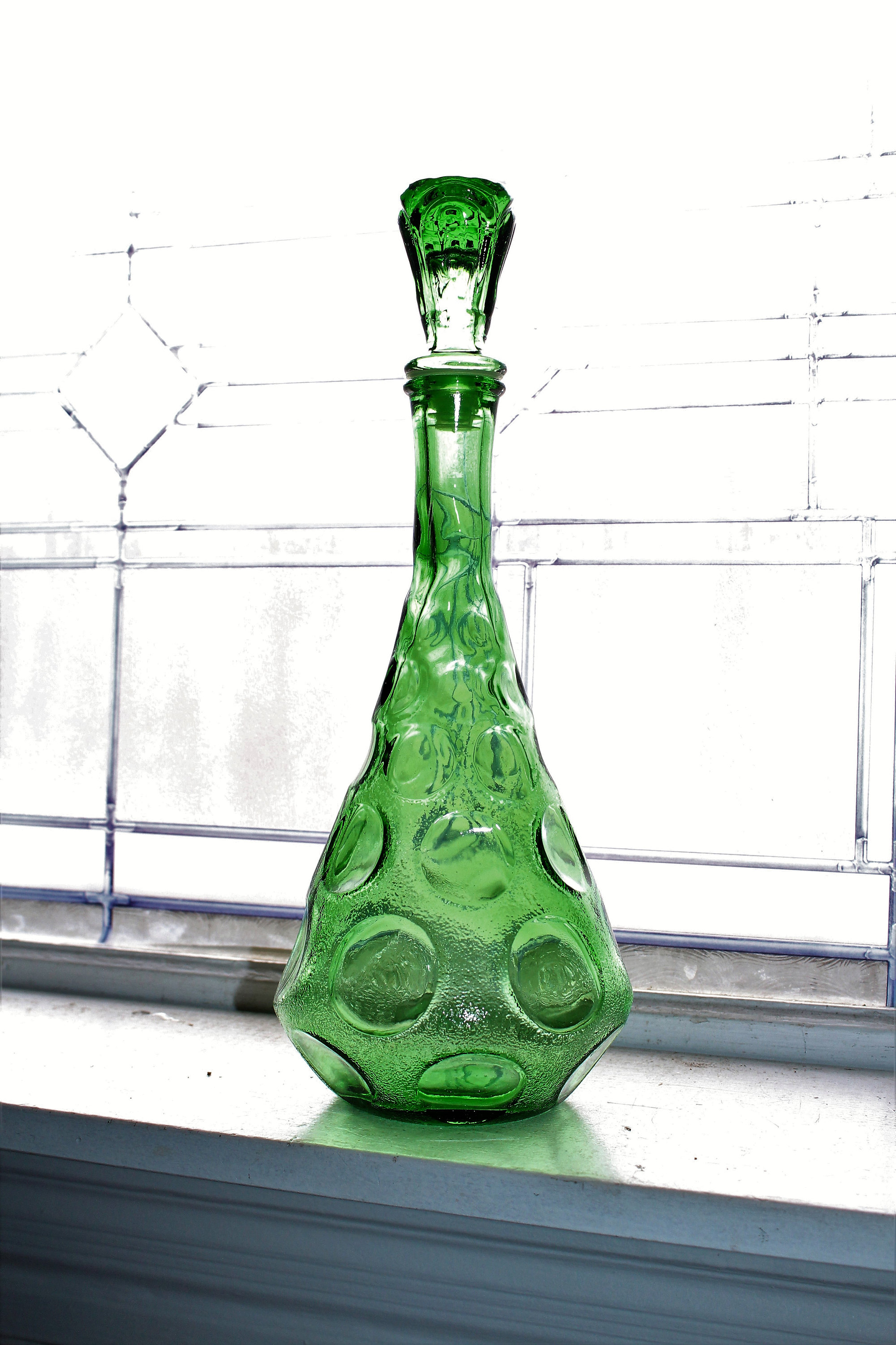 Mid Century Italian Green Glass Genie Bottle Decanter Vintage 1960s