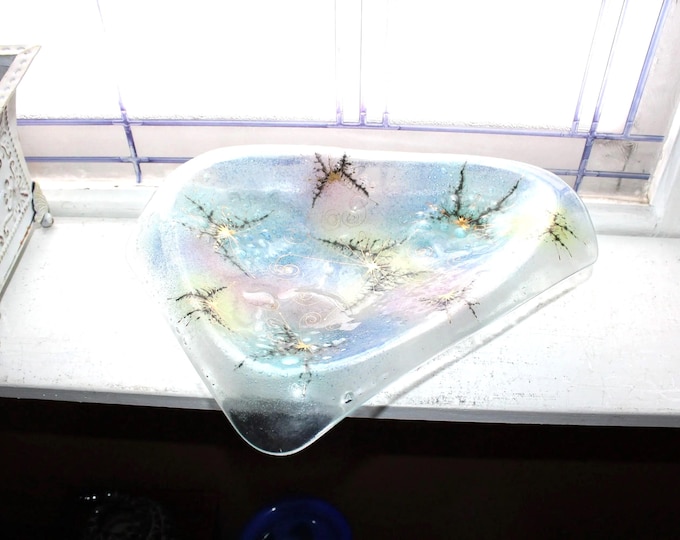 Large Mid Century Modern Higgins Glass Footed Butterfly Bowl 1960s