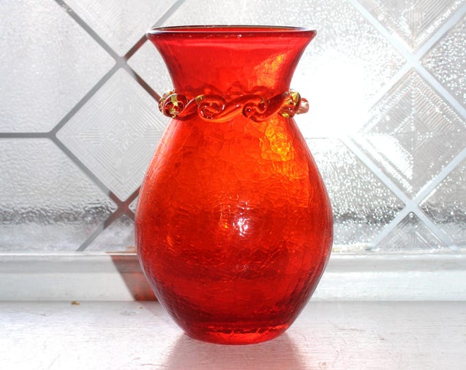 Vintage Rainbow Glass Orange Crackle Vase Mid Century Modern