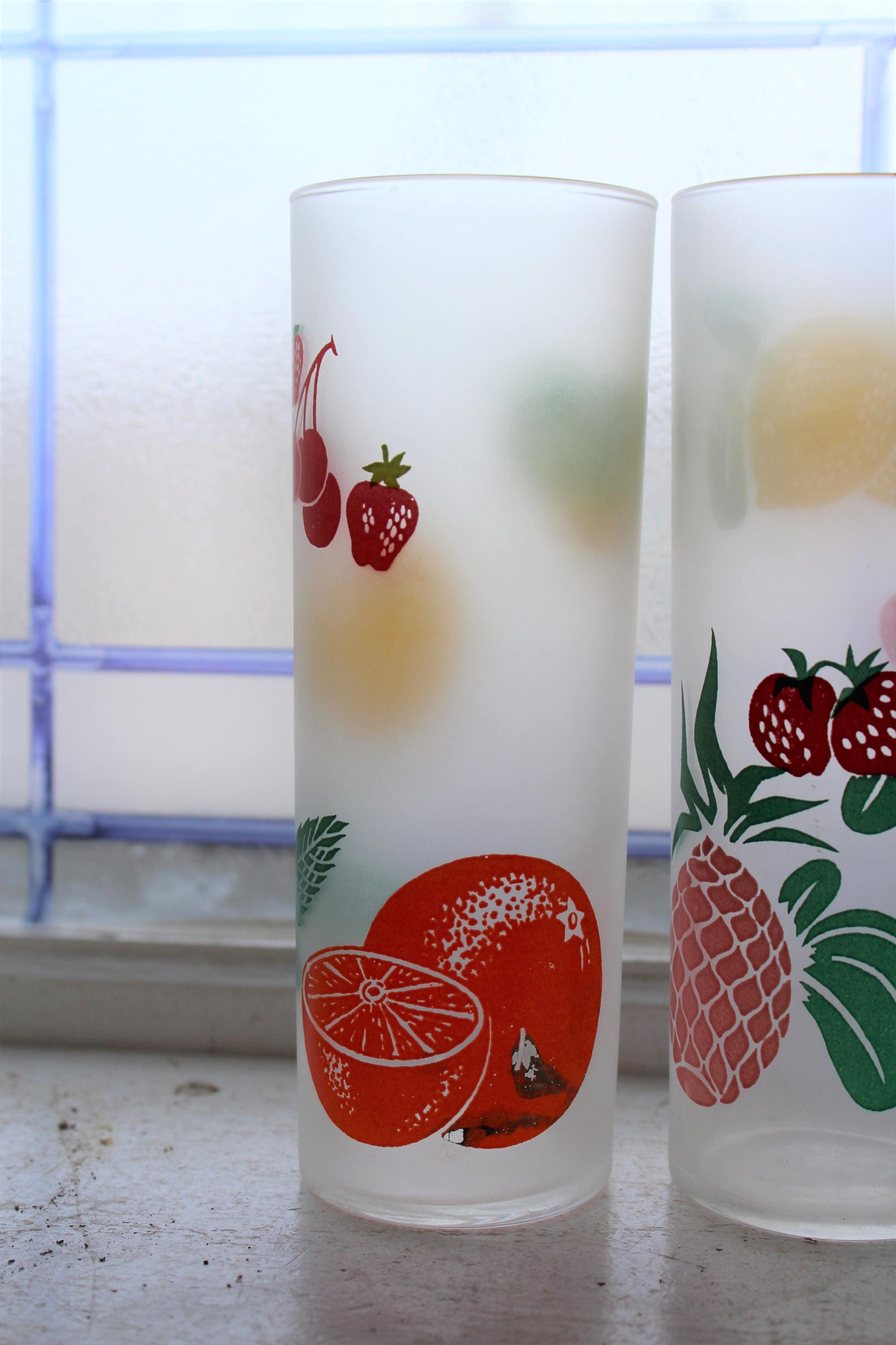 4 Vintage Tumblers Fruit High Ball Iced Tea Frosted Federal Glass