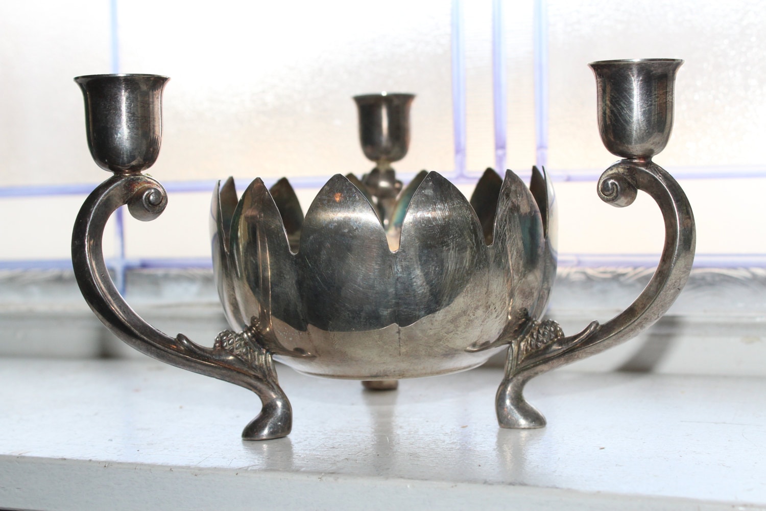Silverplate Lotus Bowl Candle Holder Vintage Leonard