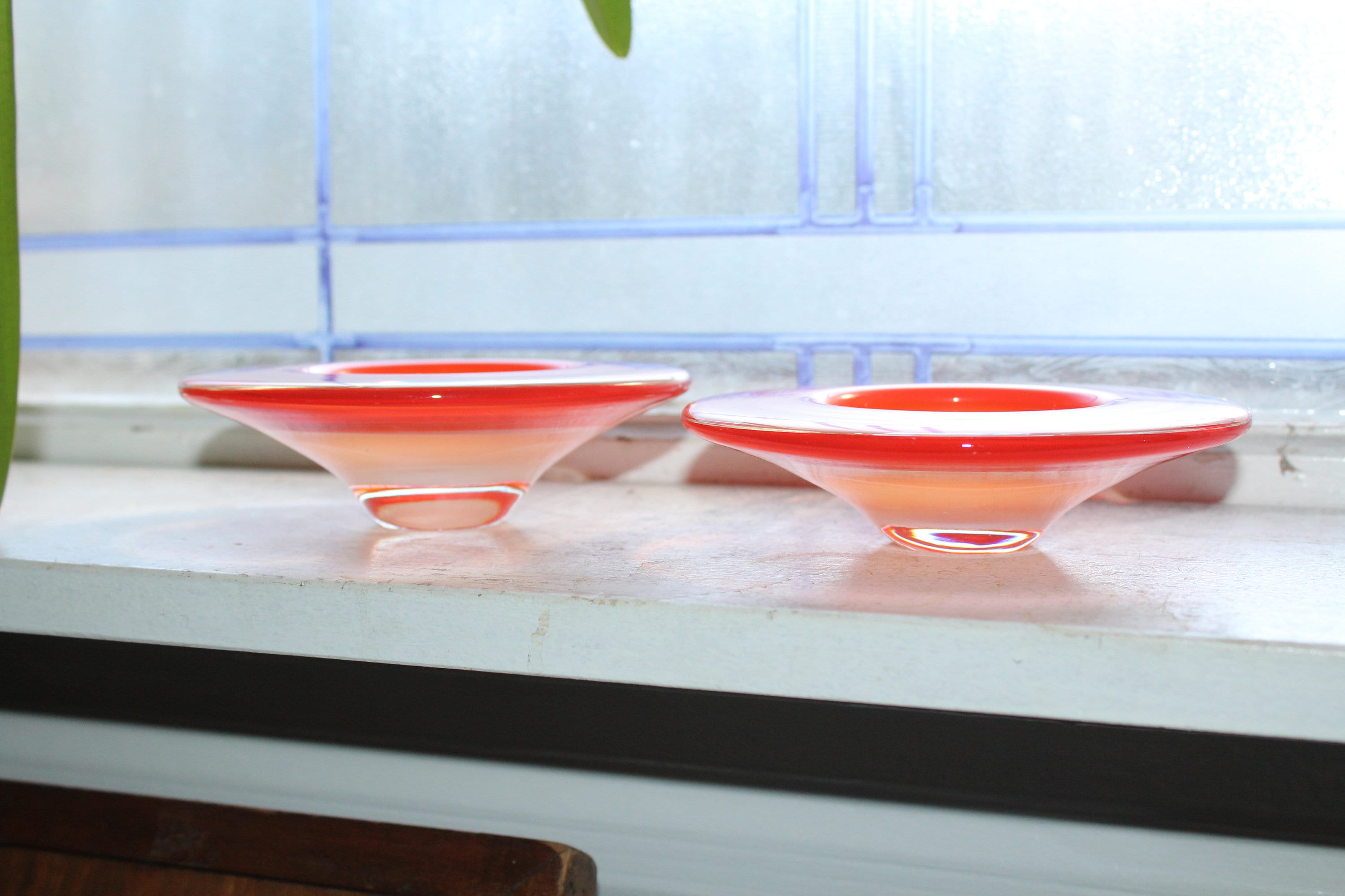 Vintage Mid Century Orange Glass Candle Holder Pair