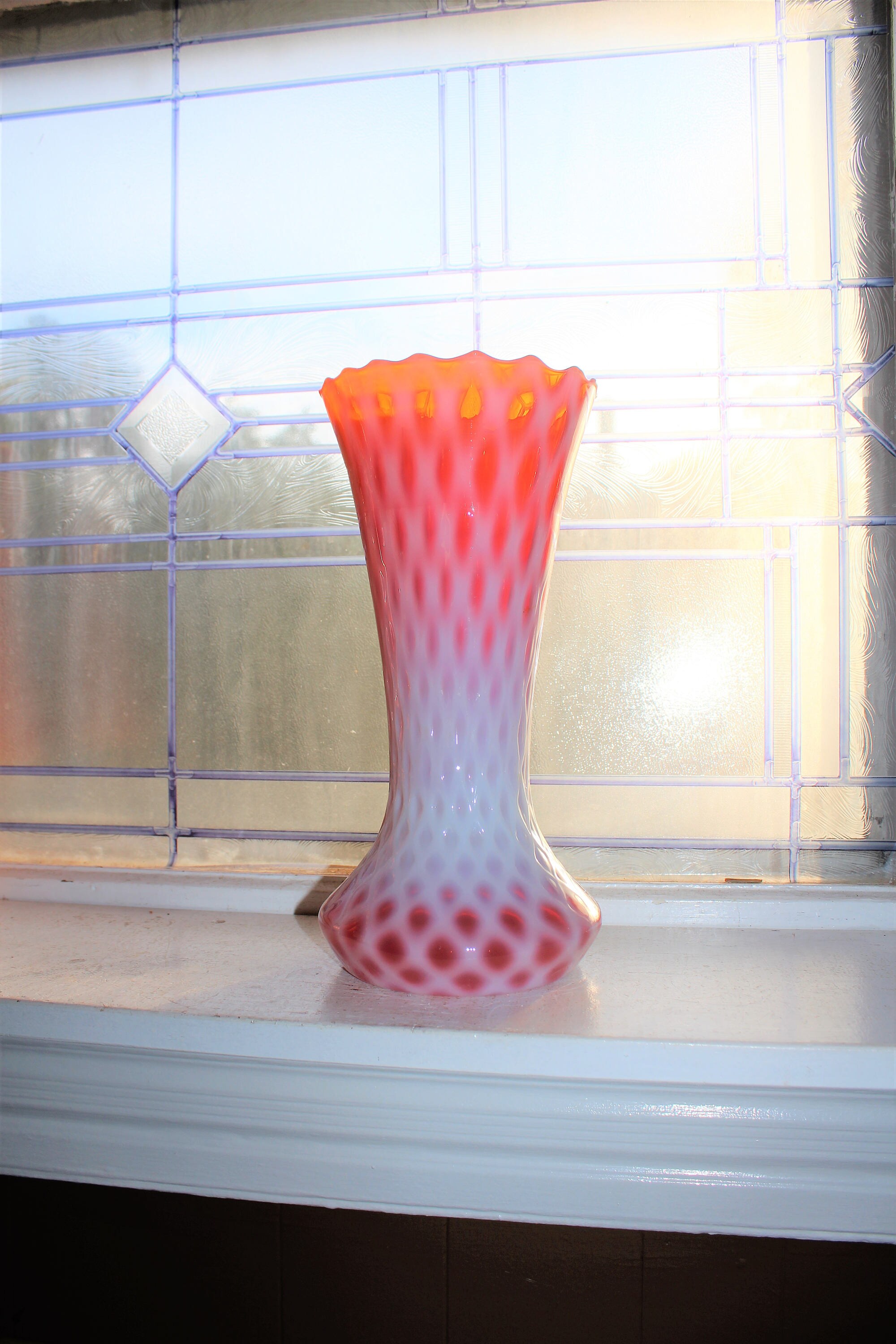 Large Vintage Cased Glass Vase Quilted Diamond 11 3/4 Orange & White
