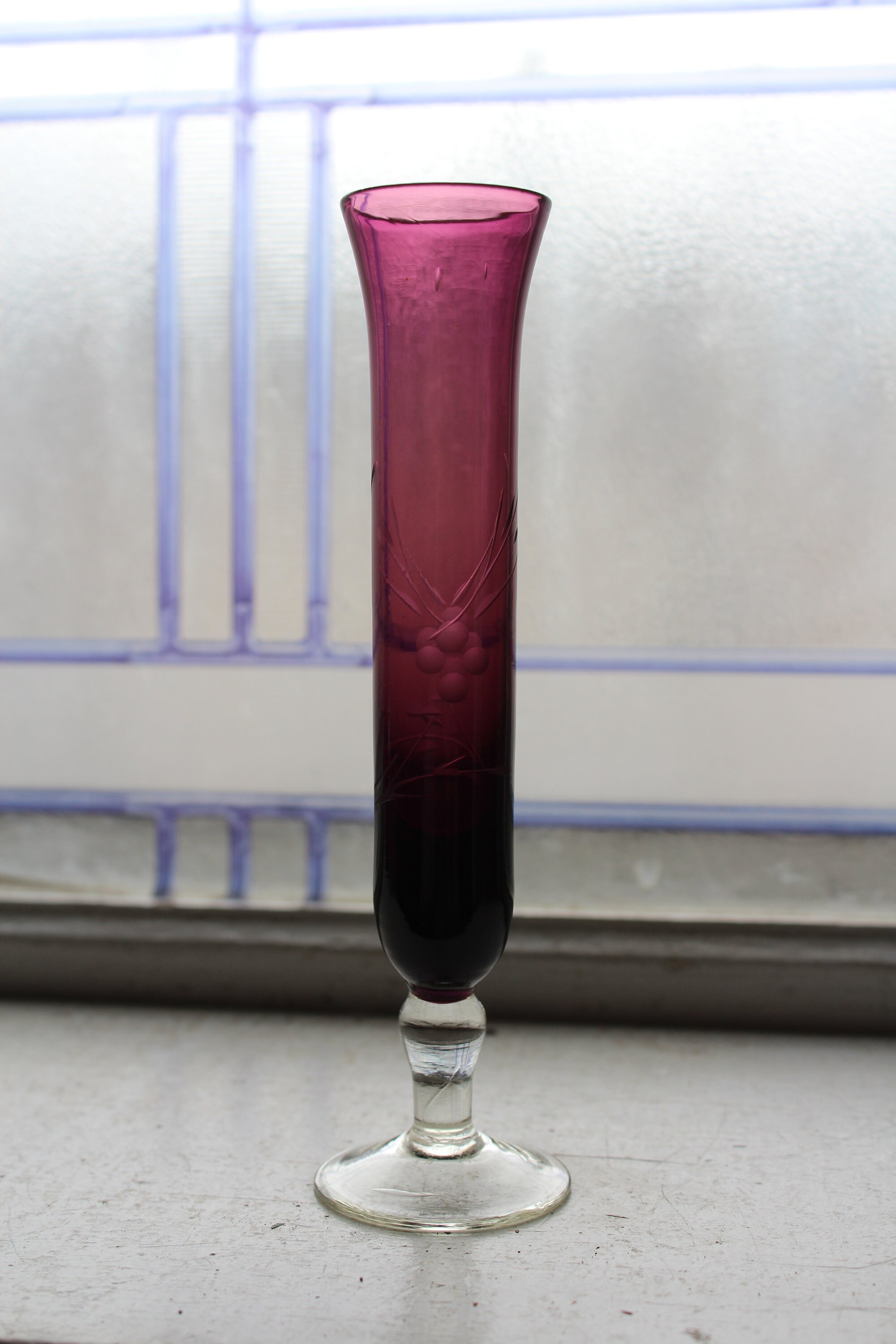 Vintage Etched Amethyst Purple Glass Bud Vase