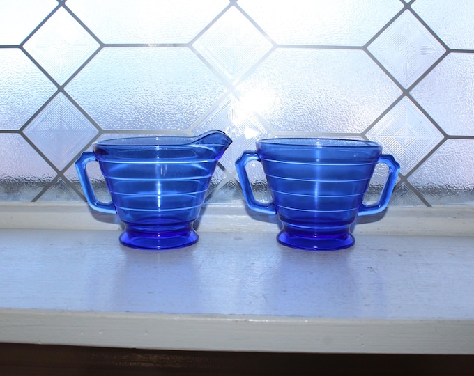 Vintage Art Deco Moderntone Creamer & Sugar Bowl Cobalt Blue Glass 1930s