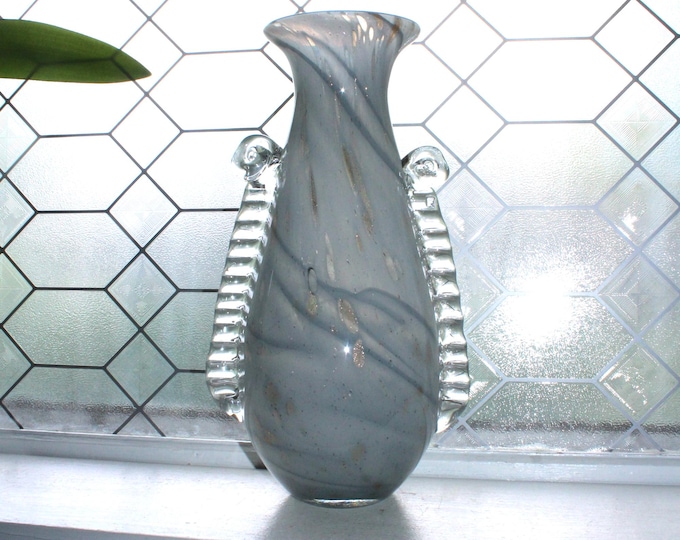Vintage Murano Glass Vase Pale Blue with Copper Aventurine & Clear Wing Handles