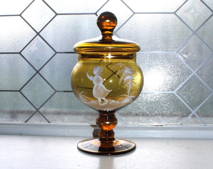 Vintage Fenton Mary Gregory Style Amber Glass Pedestal Candy Dish