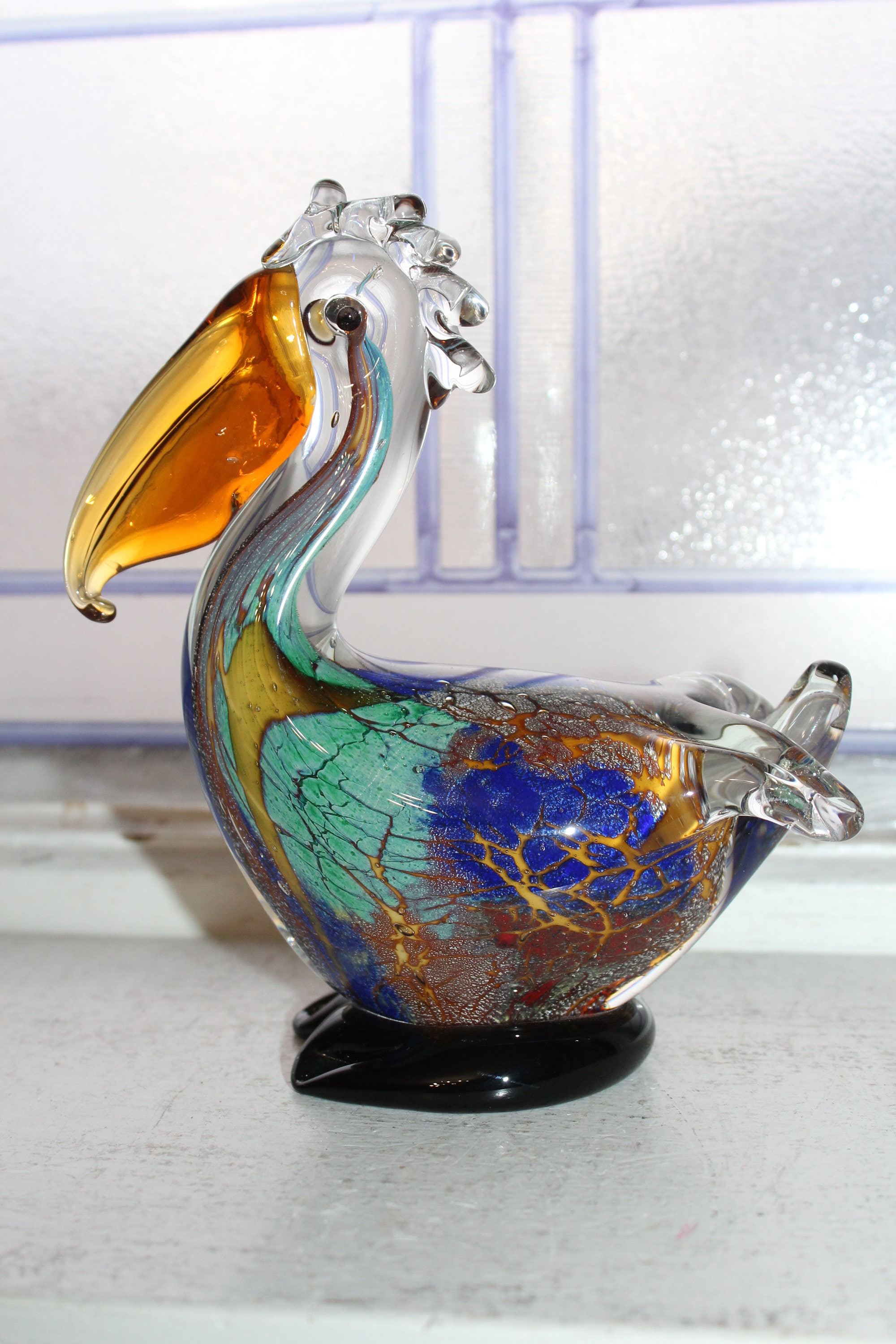 Vintage Murano Art Glass Pelican Figurine Blues and Copper