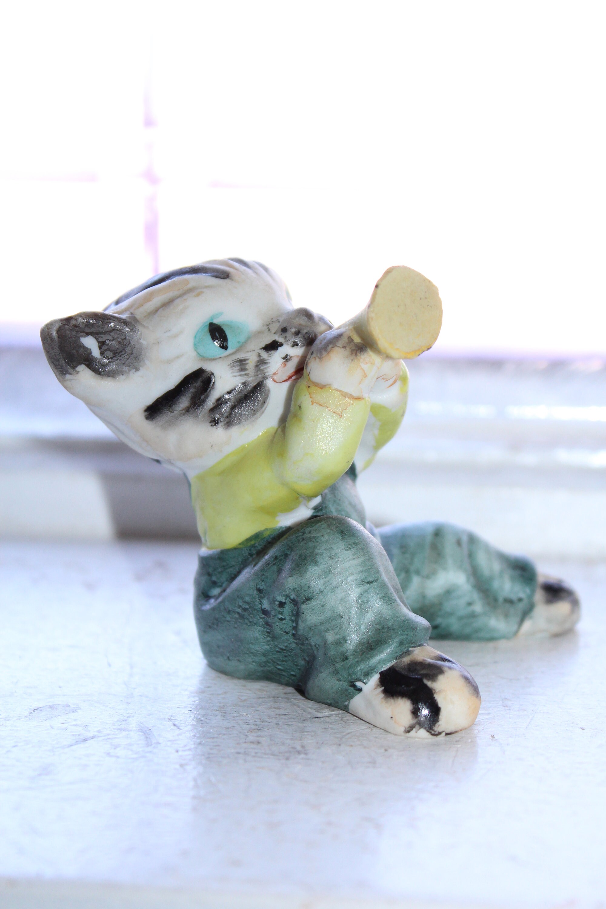 Vintage Cat Blowing Horn Figurine Bisque Porcelain