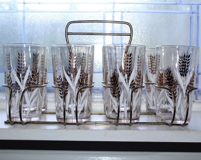 8 Mid Century Glass Tumblers & Caddy Gold White Wheat Mad Men Decor