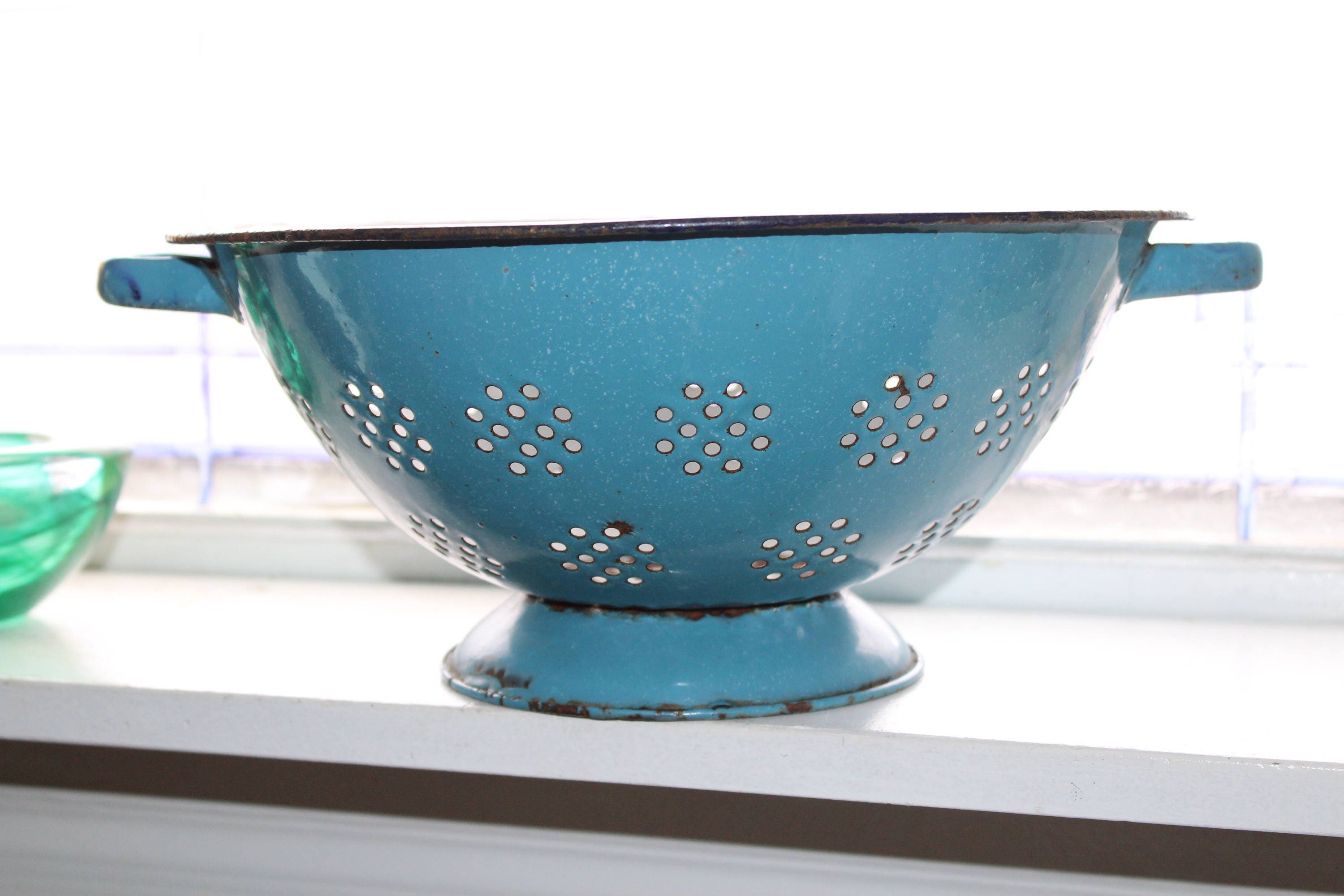 Blue Graniteware Colander Antique Enamelware Strainer Farmhouse Decor