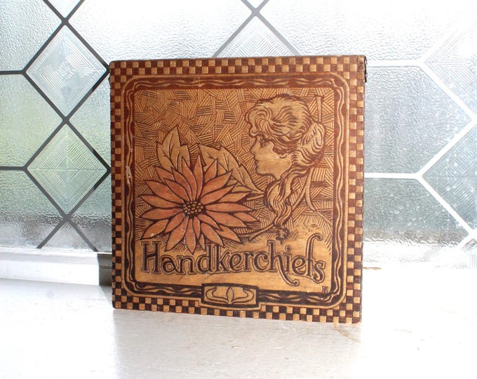 Antique Hanky Dresser Box Pyrography Flemish Art Burnt Wood