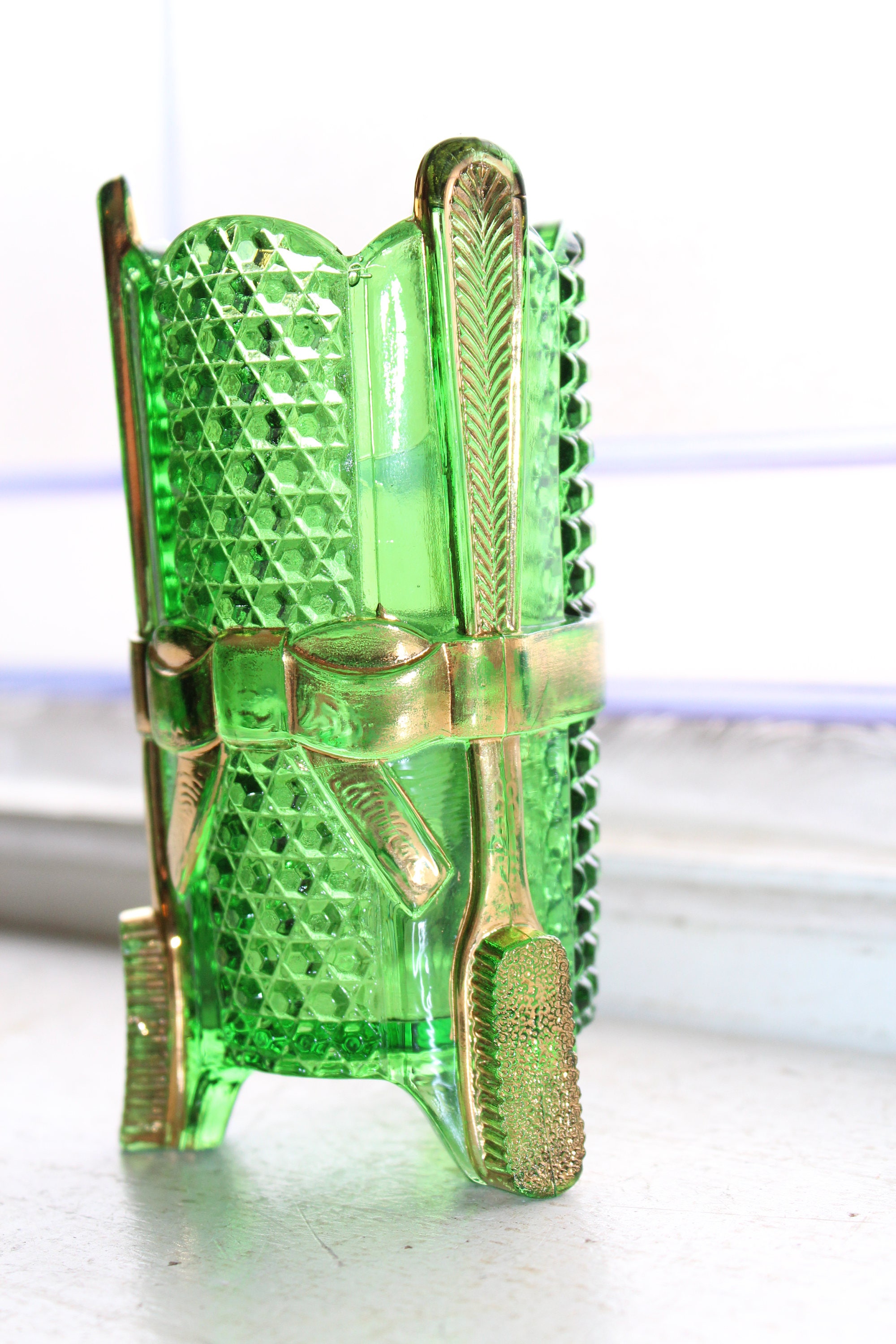 Antique Emerald Green Glass Toothbrush Holder w Gold Trim EAPG US Glass