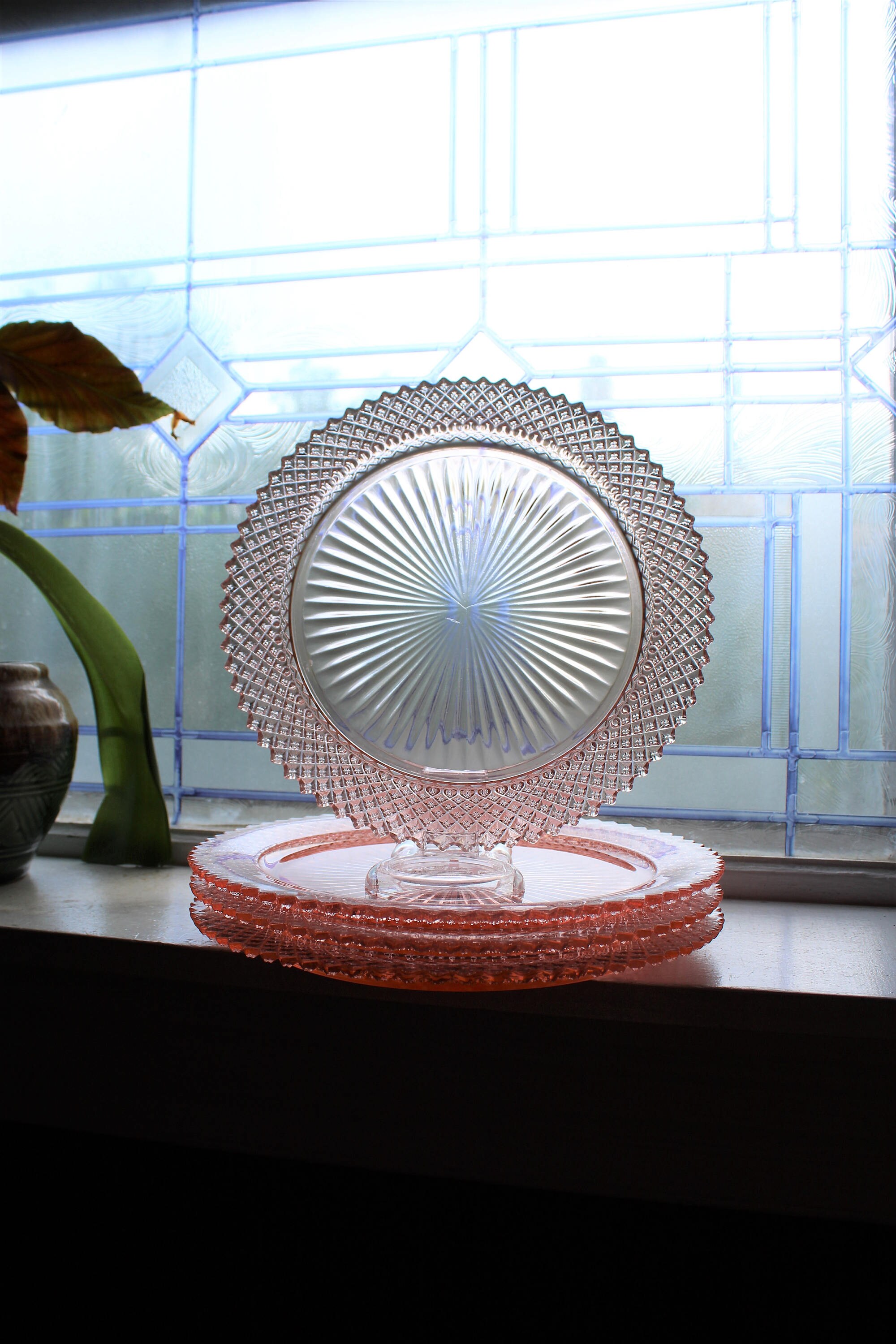 4 Pink Depression Glass Dinner Plates Miss America Diamond Vintage 1930s