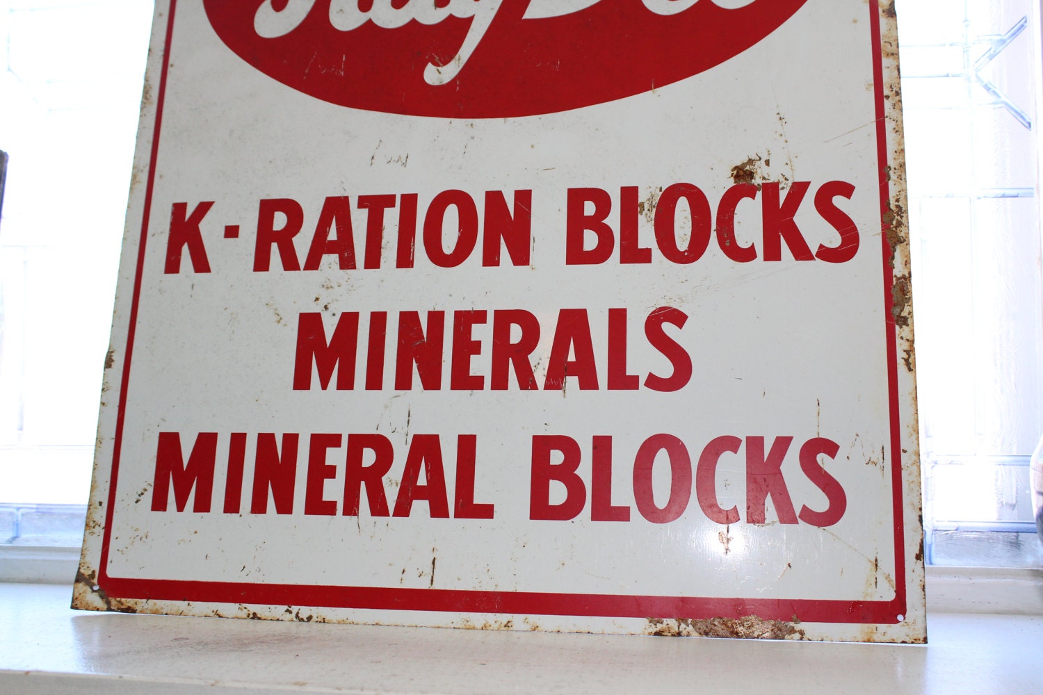 Vintage Tin Farm Sign Kay Dee K Ration Blocks Red and White