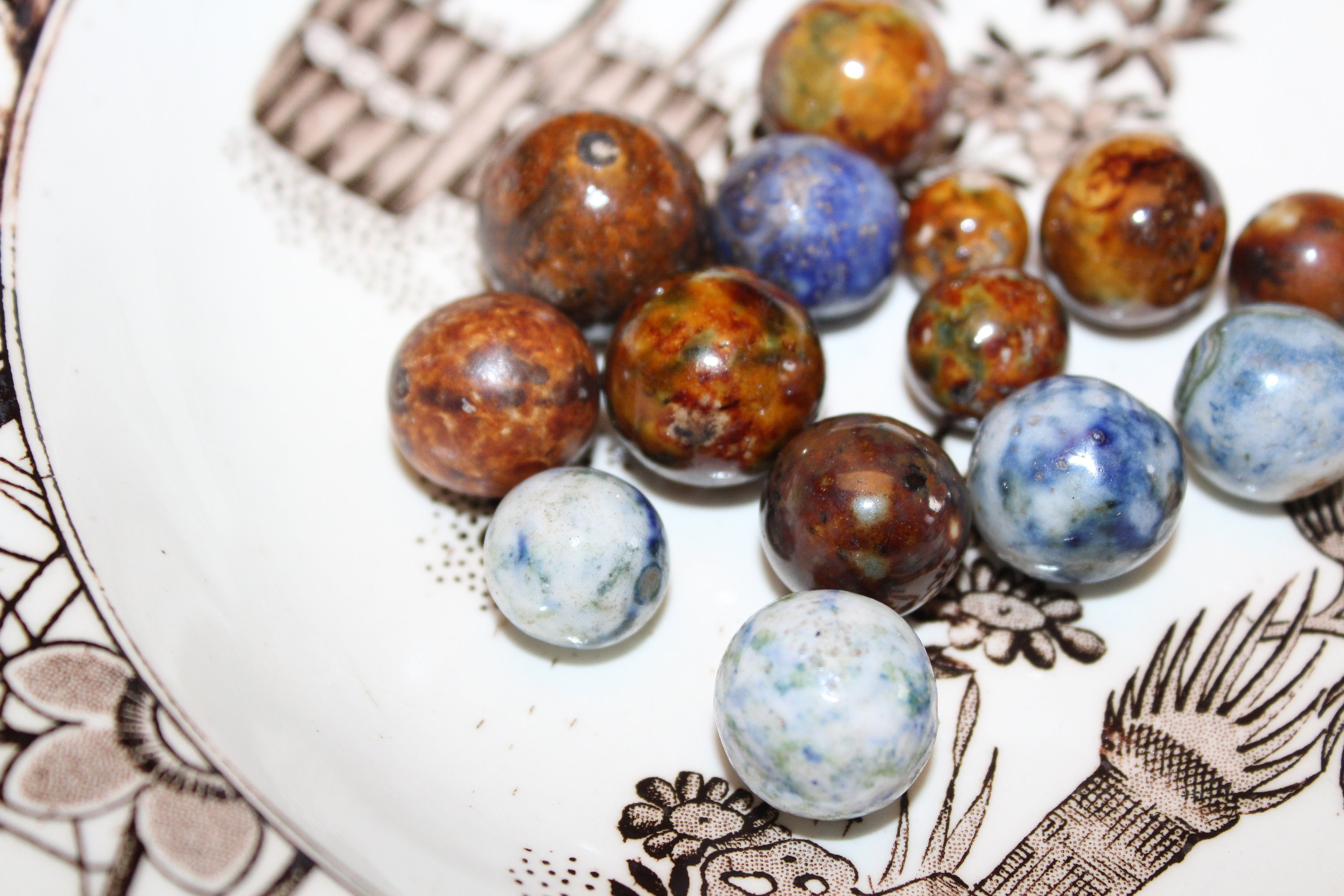 14 Antique Bennington Pottery Marbles Striped Brown & Blue Circa 1800s