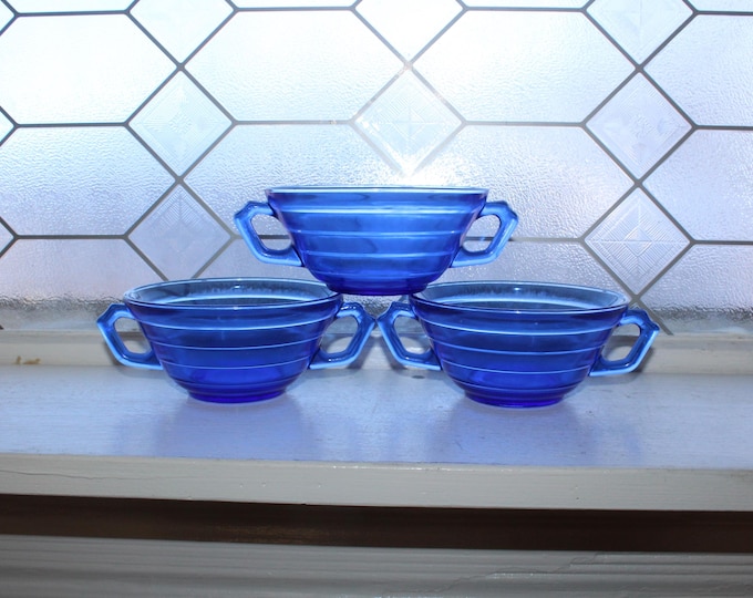3 Vintage Moderntone Handled Cream Soup Bowls Cobalt Blue Glass 1930s