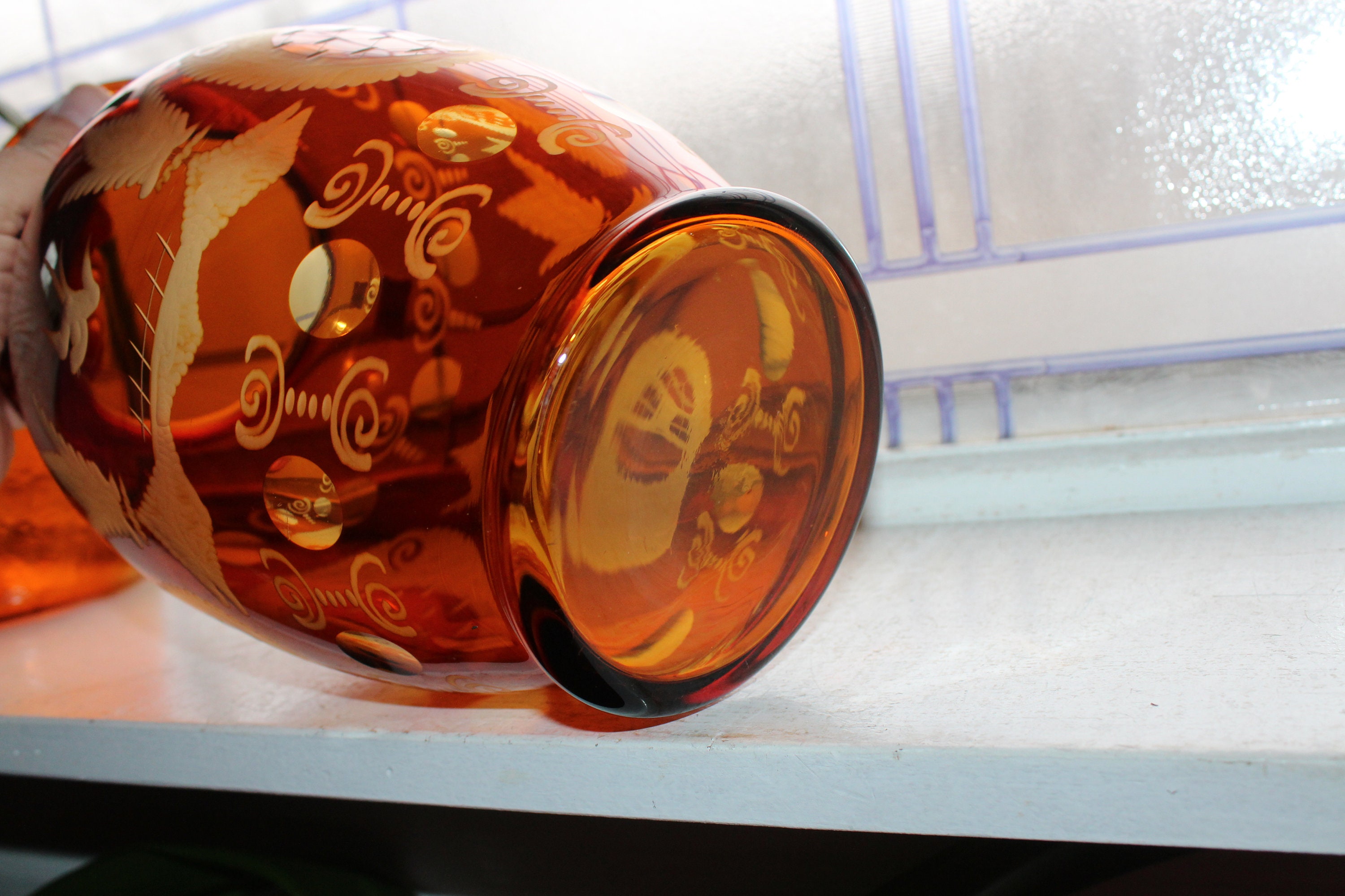 Large Vintage Amber Cut To Clear Bohemain Glass Vase Egermann Czech