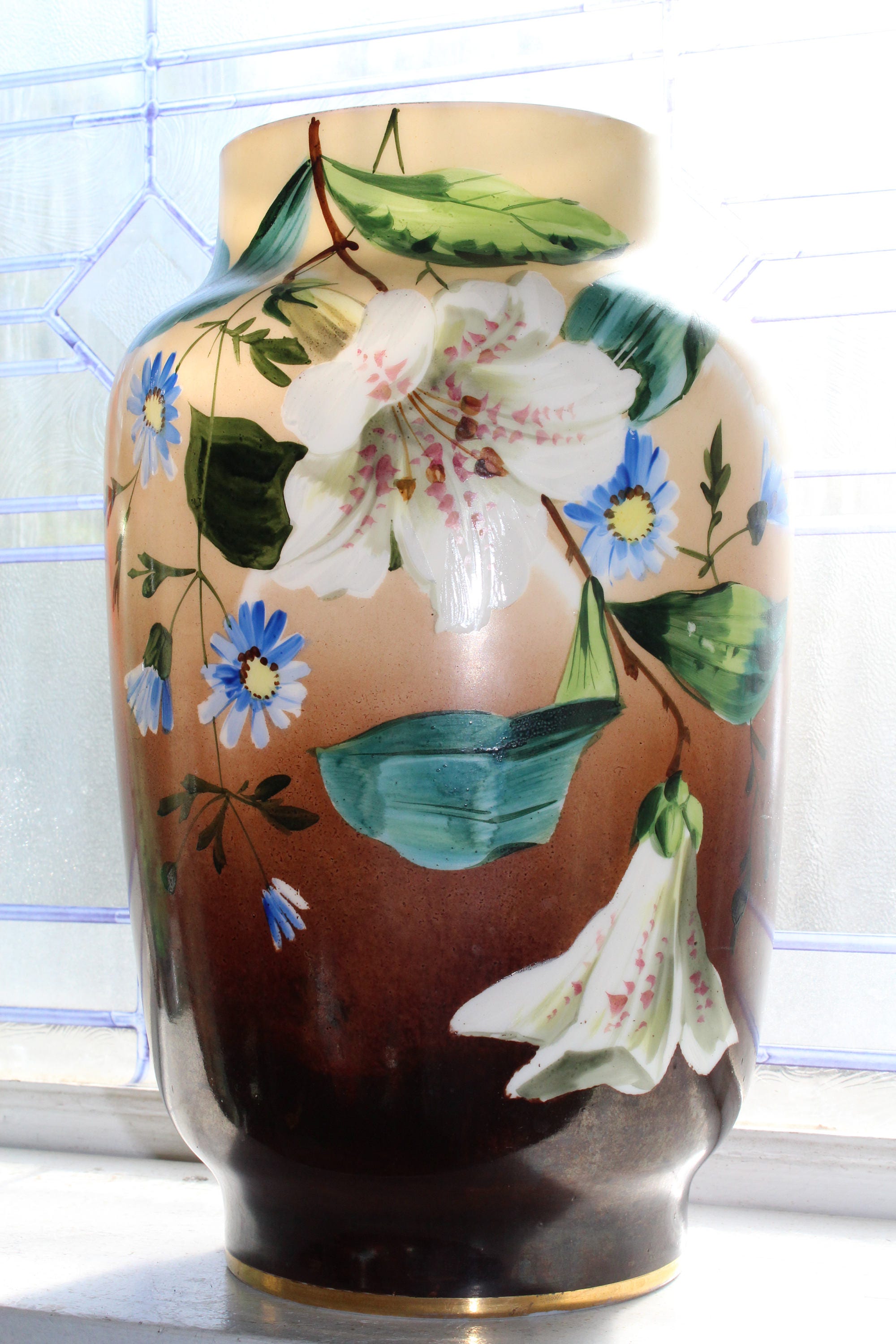 Large Antique Milk Glass Vase Hand Painted Flowers 13 Victorian Urn