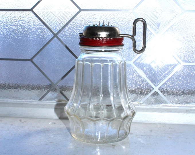 Vintage 1940s Hazel Atlas Kitchen Nut Grinder Glass Jar with Red Metal Lid