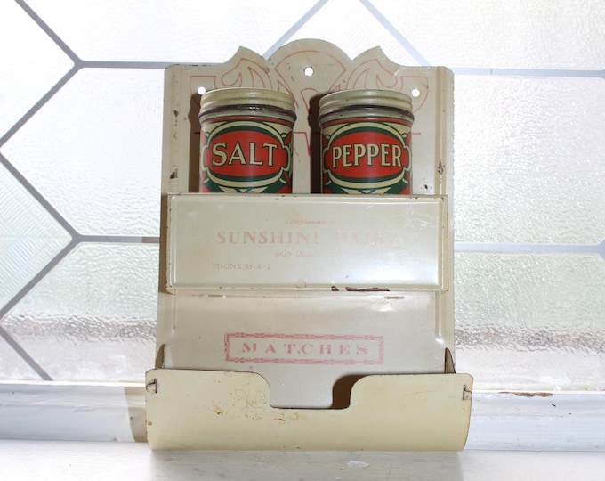 Old Tin Wall Match Holder & Salt Pepper Sunshine Dairy Ogden Iowa Advertising