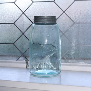 Antique The Mason Jar Blue Quart with Zinc Lid 1800s