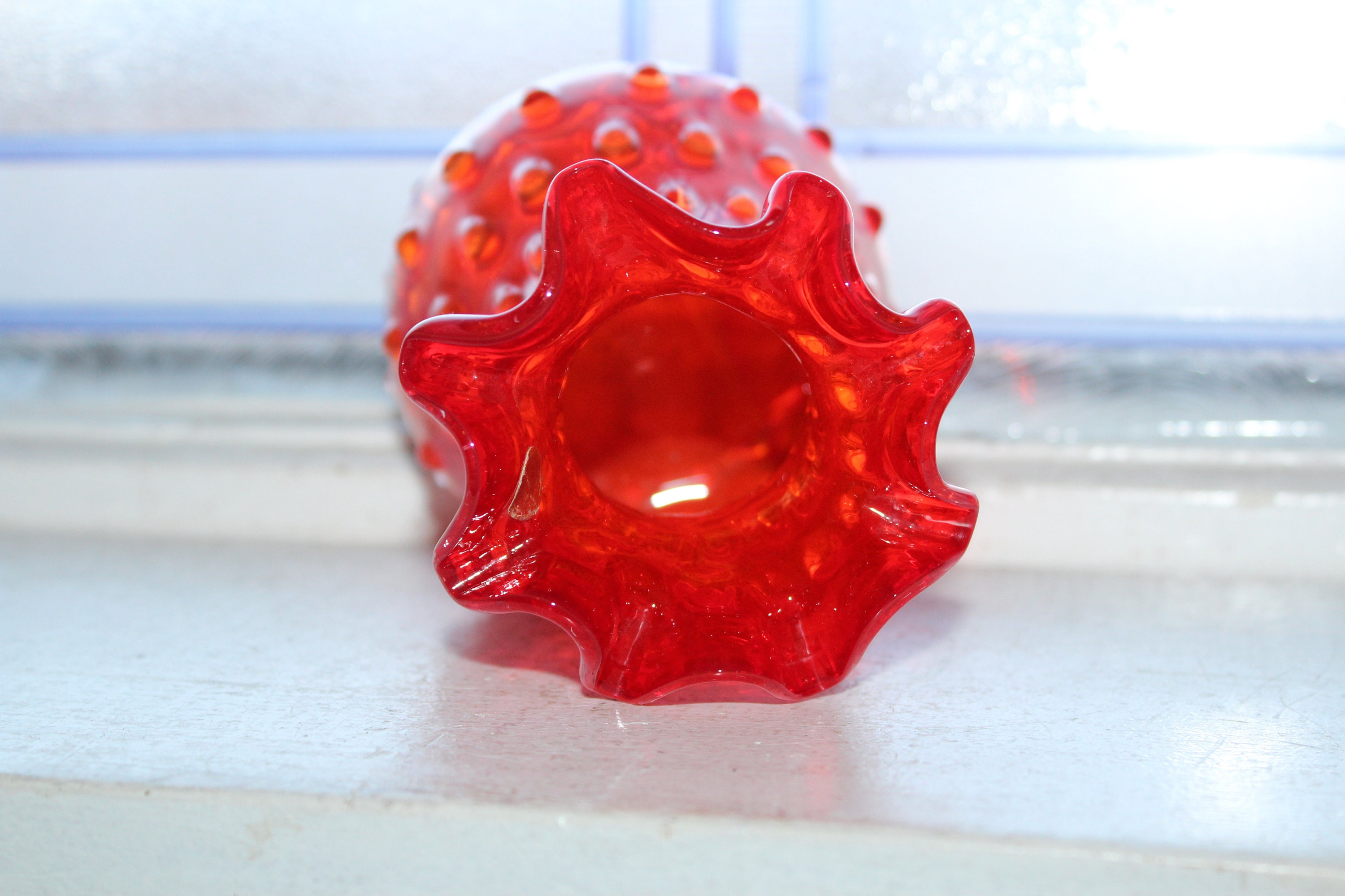 Vintage Murano Glass Vase Orange Hobnail Stretch 1950s