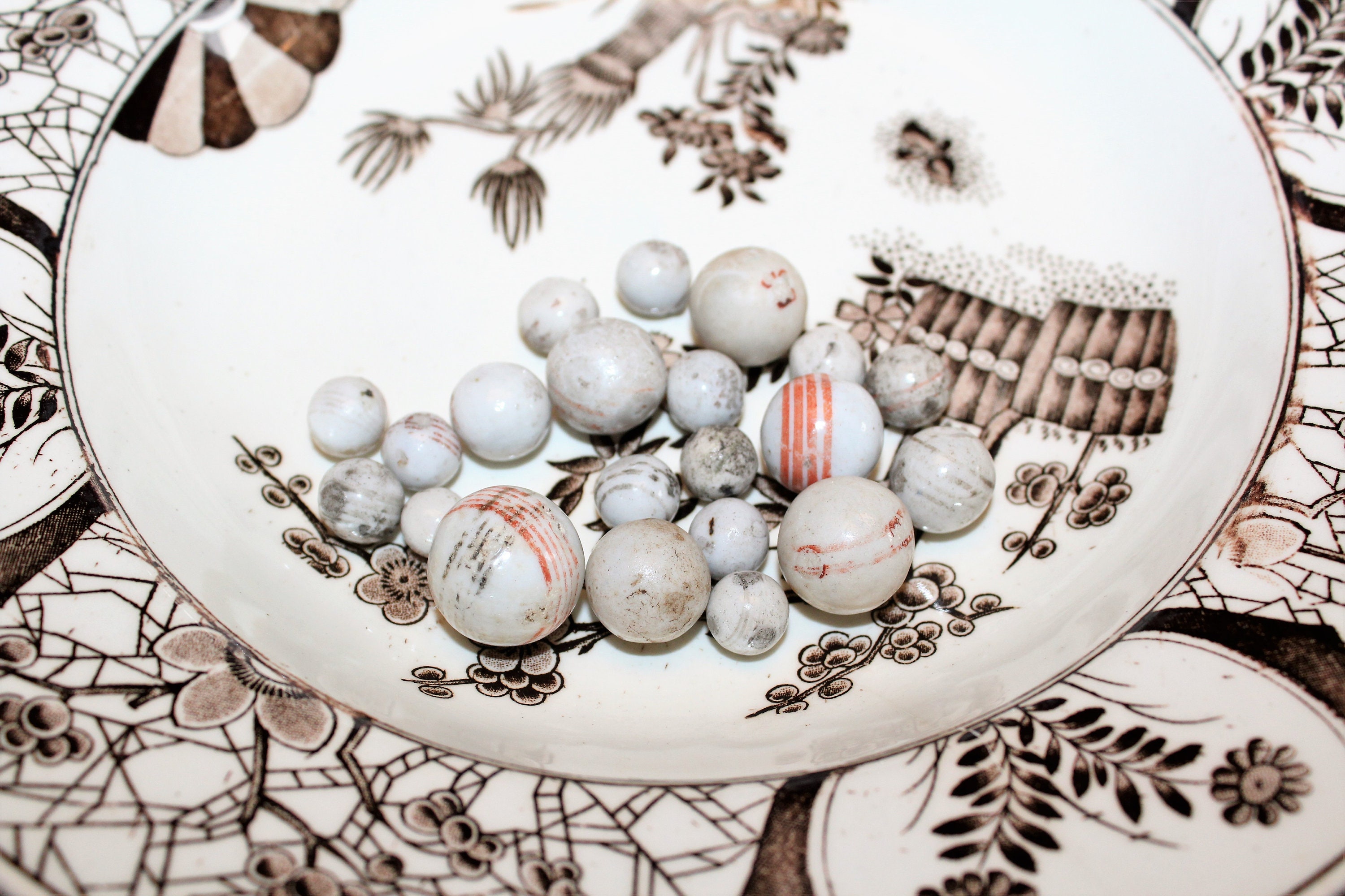 21 Antique China Marbles Hand Made Hand Painted Circa 1800s