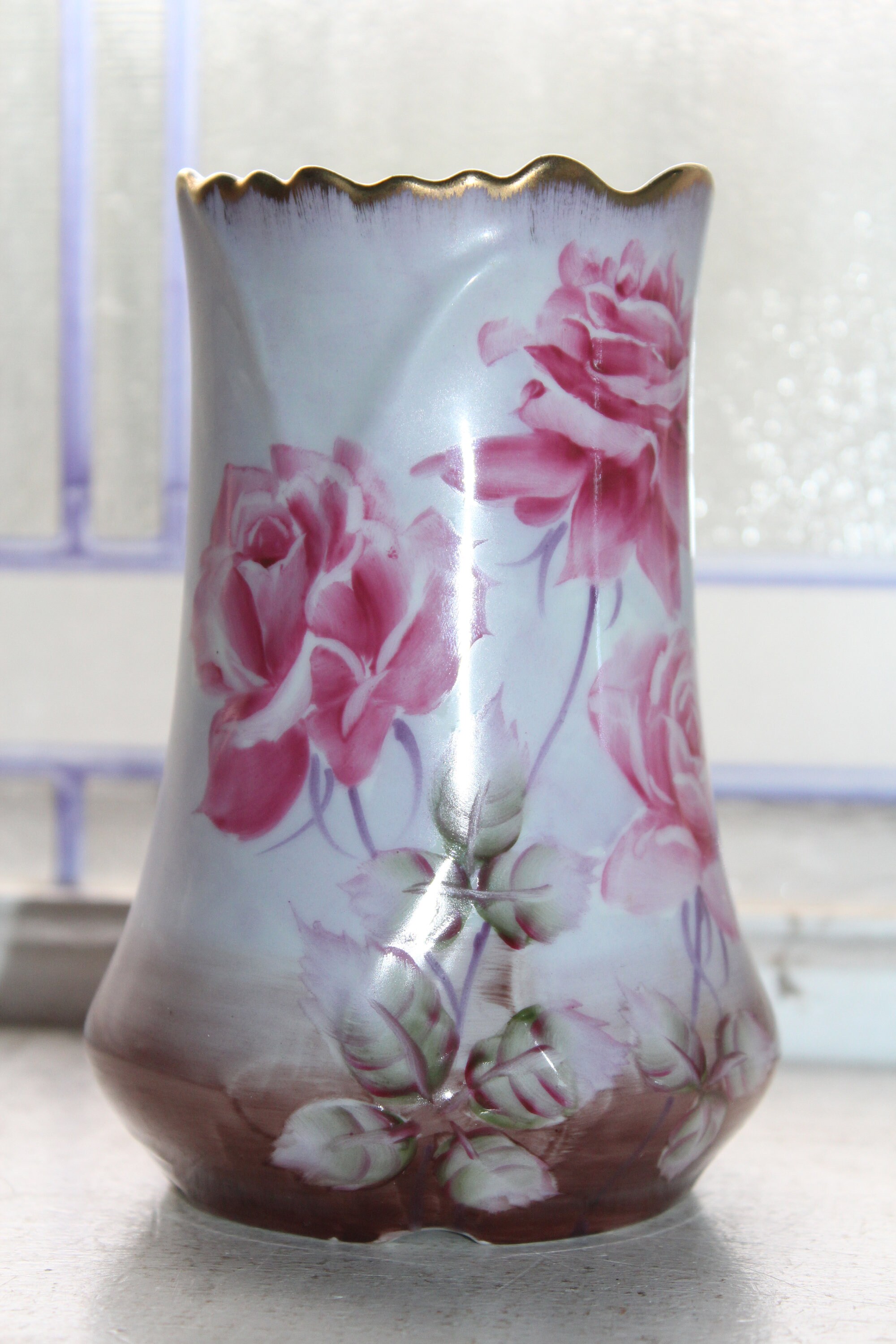 Antique 1800s Hand Painted Nippon Vase with Beautiful Pink Roses