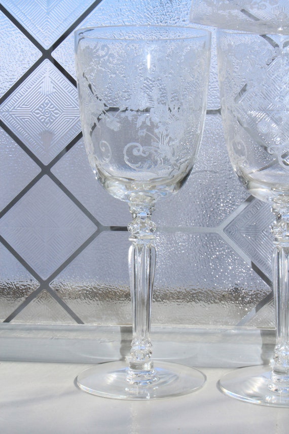 Vintage Etched CRYSTAL Wine Glasses, Set of 5, Fostoria, Buttercup