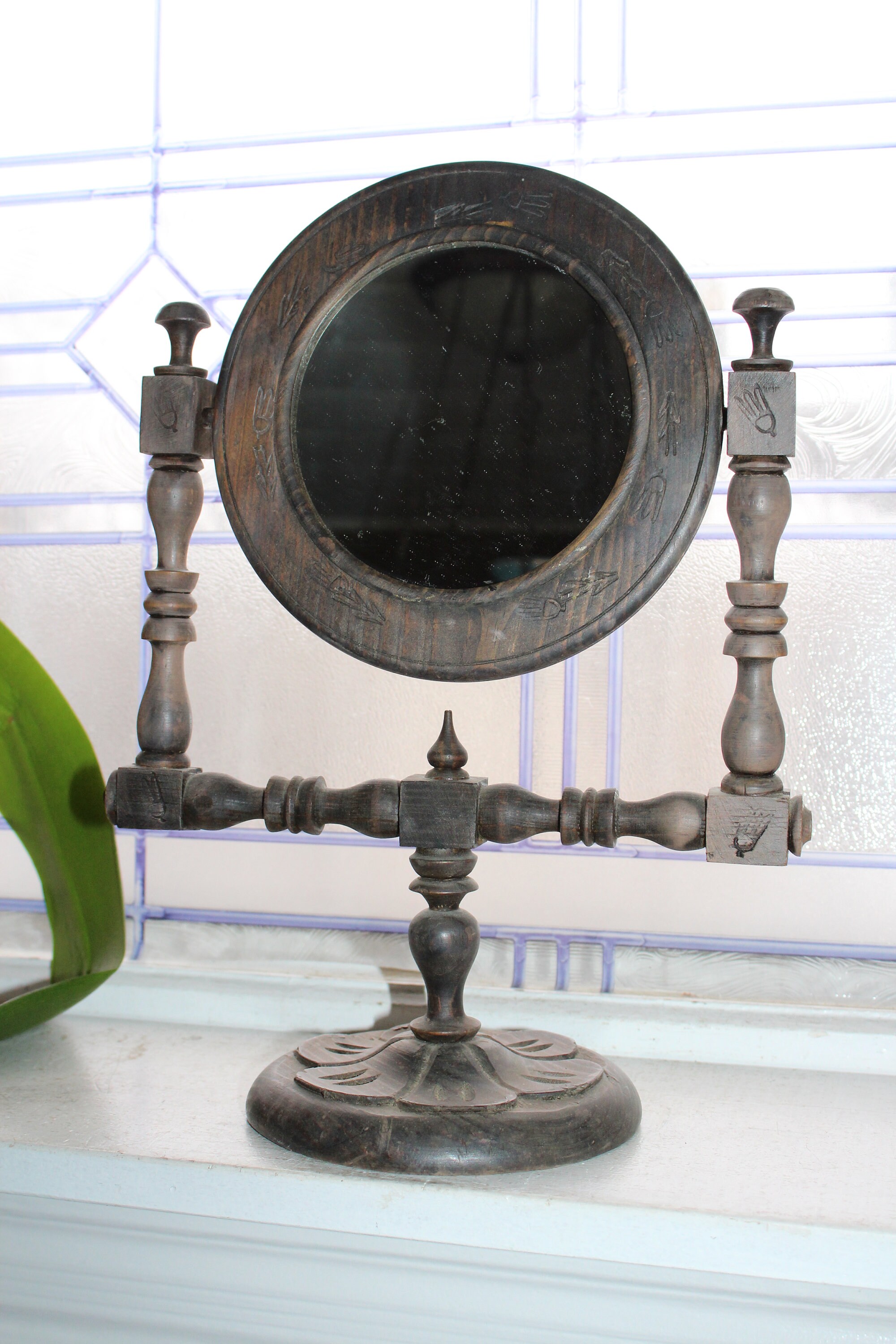 Antique Shaving Mirror Chip Carved Wood