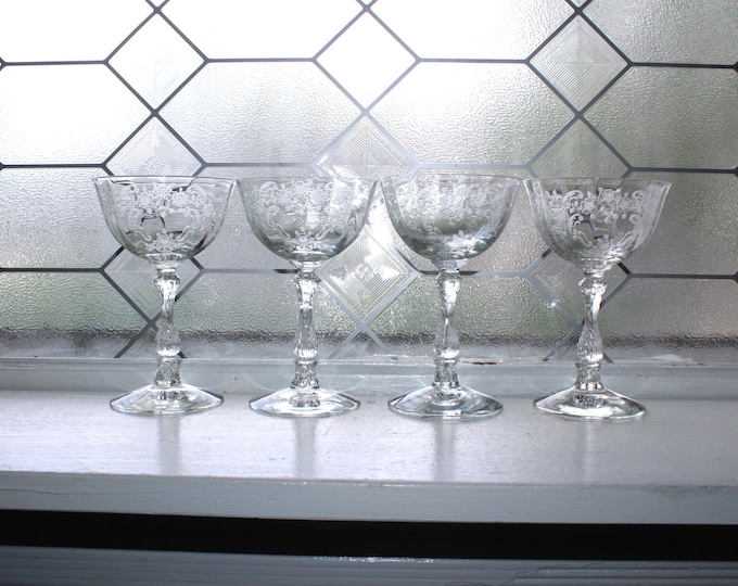 4 Fostoria Meadow Rose Champagne Glasses Tall Sherbets Vintage 1940s