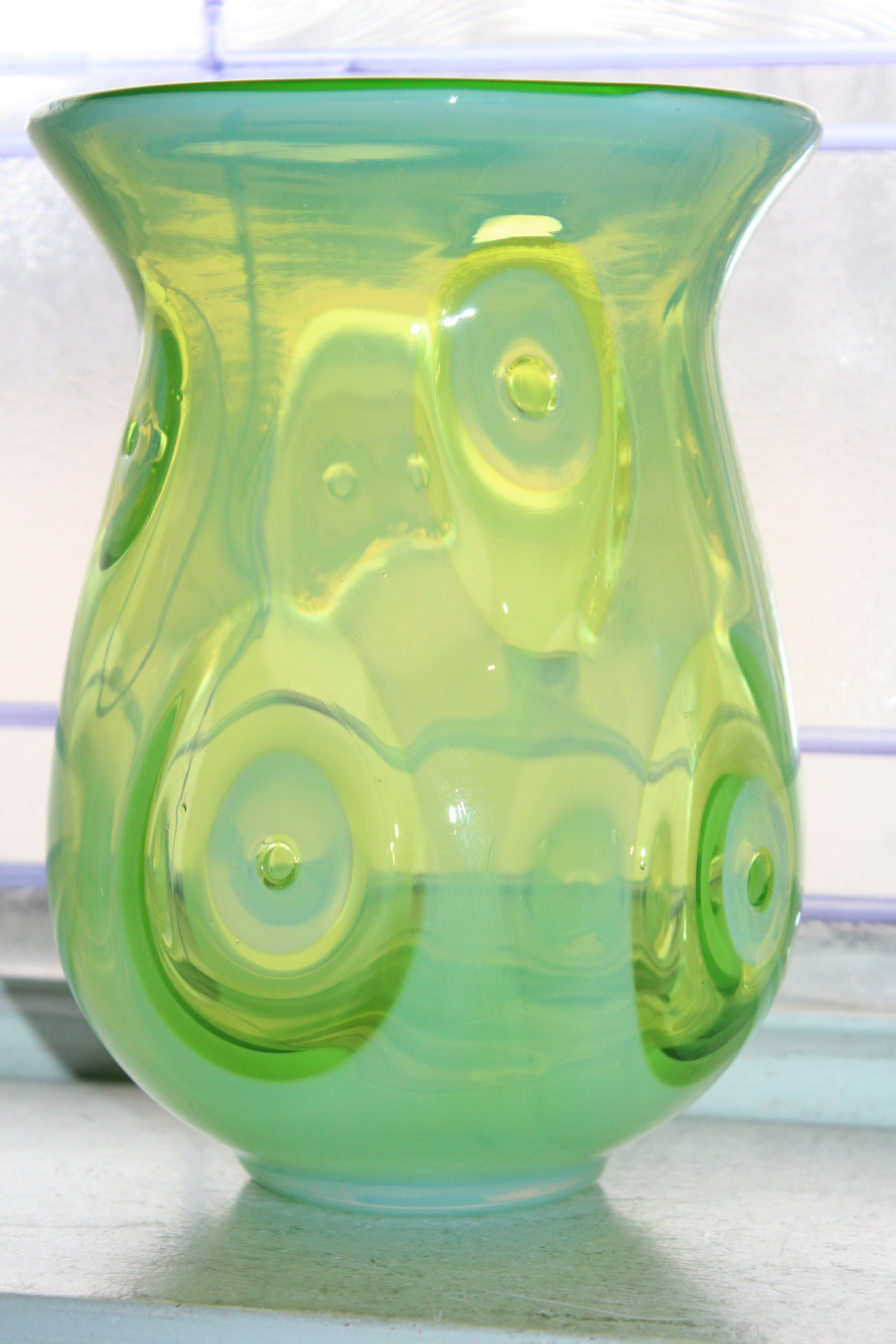 Large Fenton Glass Vase Green Opalescent Optic Eye
