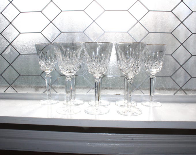 8 Waterford Crystal Golden Lismore Tall Wine Glasses with Gold Rims