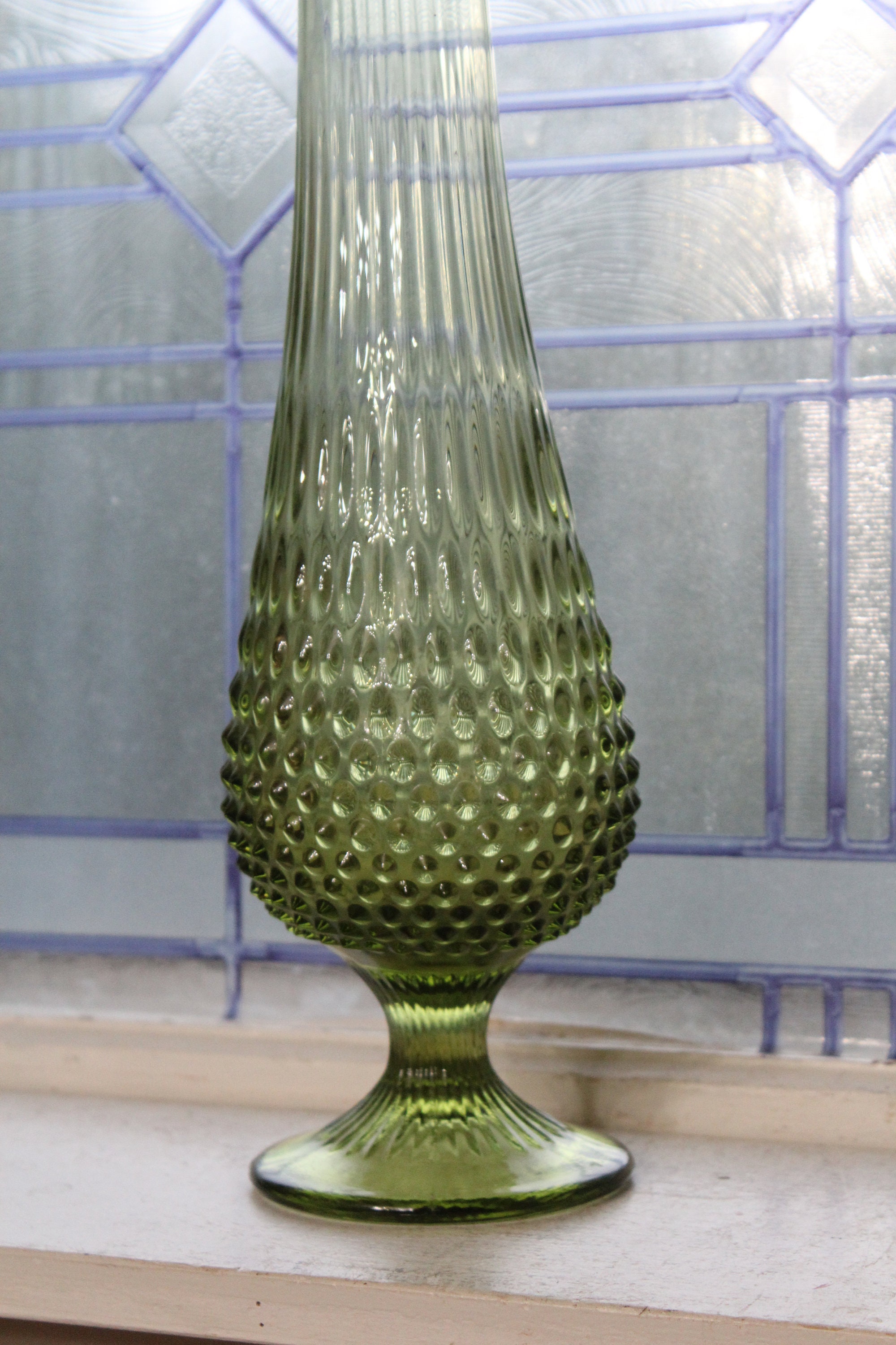 Large Green Swung Glass Hobnail Vase 21.75 Vintage Mid Century Modern