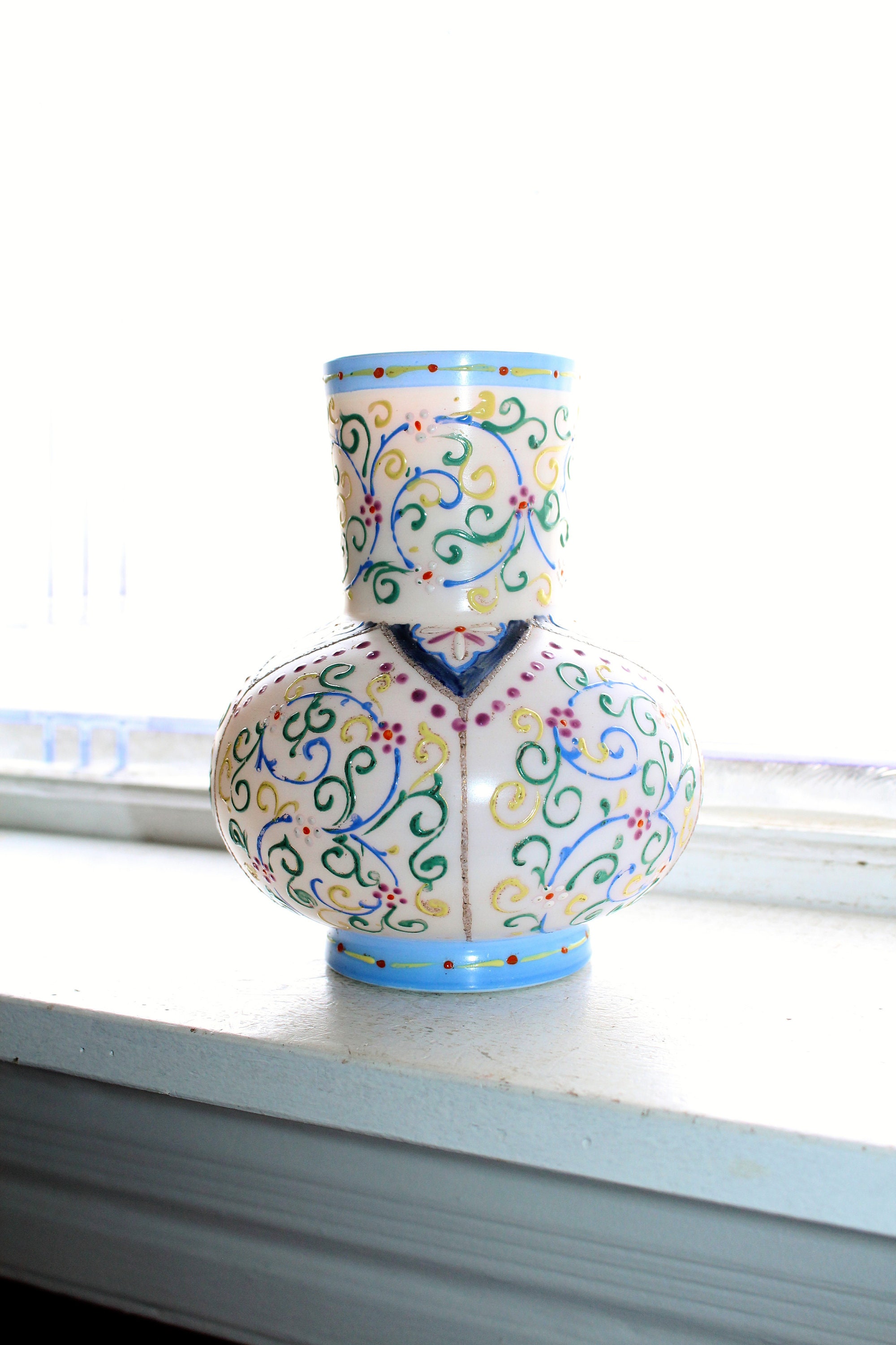 Ornate Victorian Hand Painted Milk Glass Vase 1800s