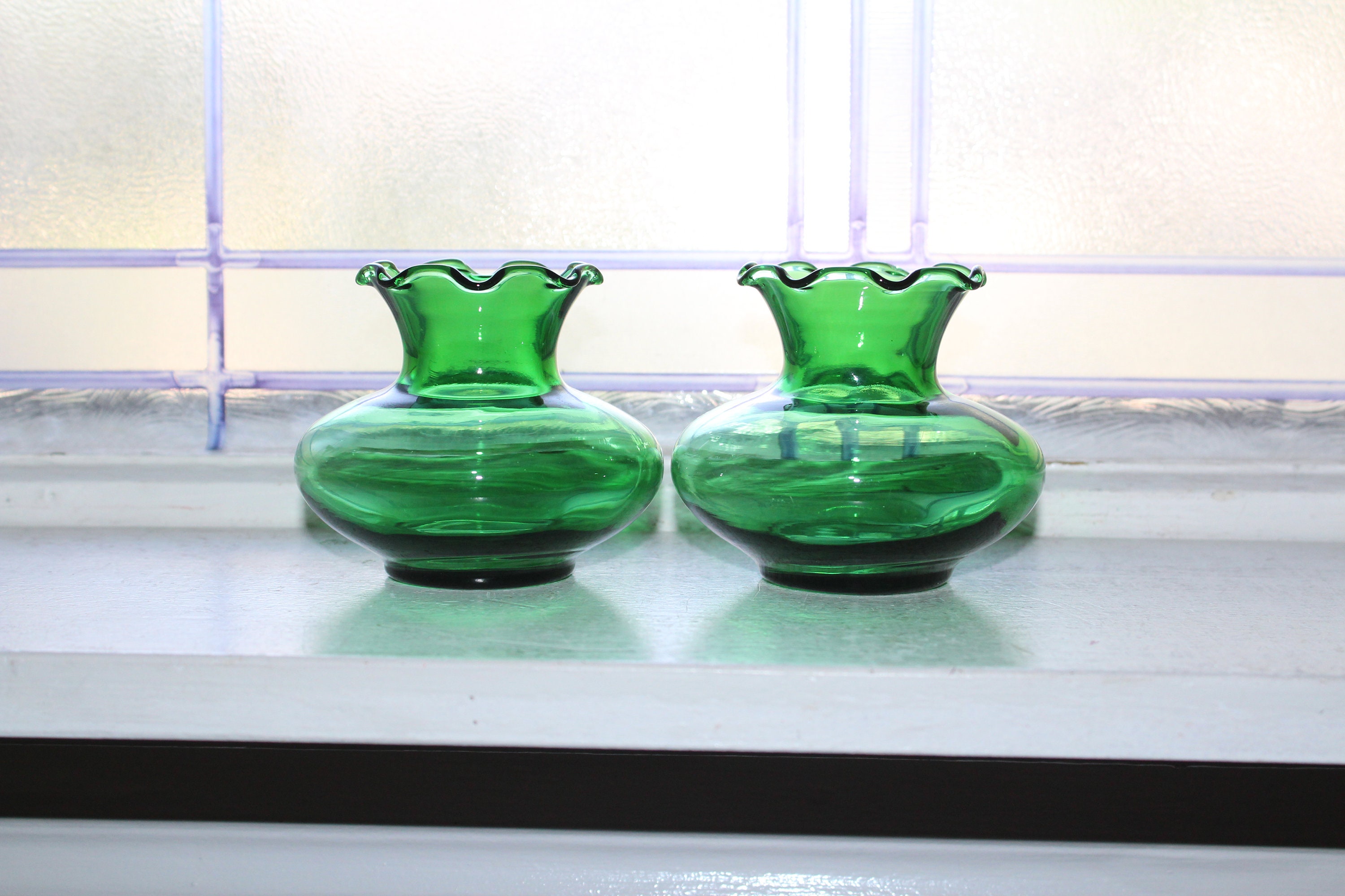2 Forest Green Glass Vases Vintage 1940s