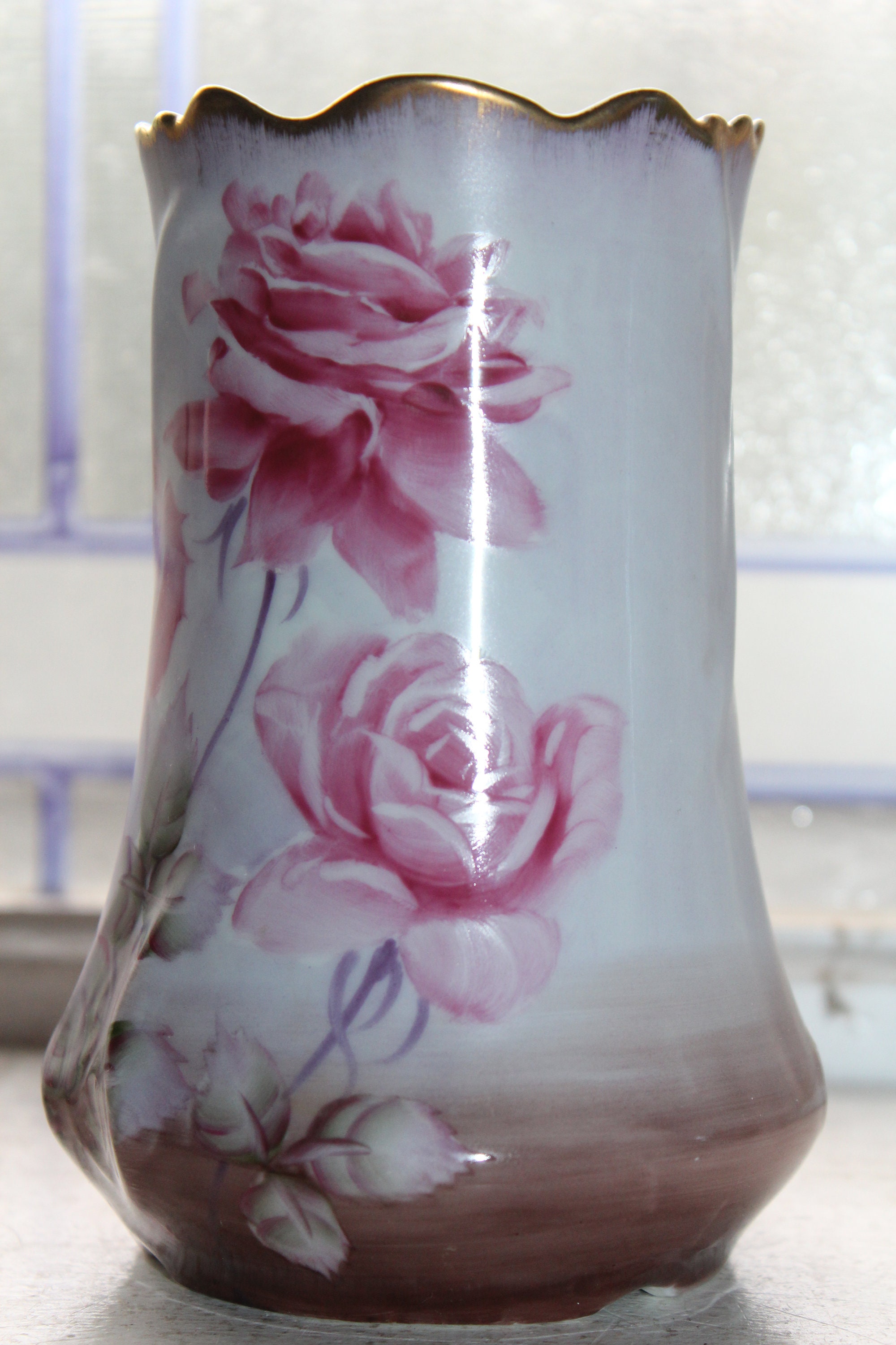 Antique 1800s Hand Painted Nippon Vase with Beautiful Pink Roses