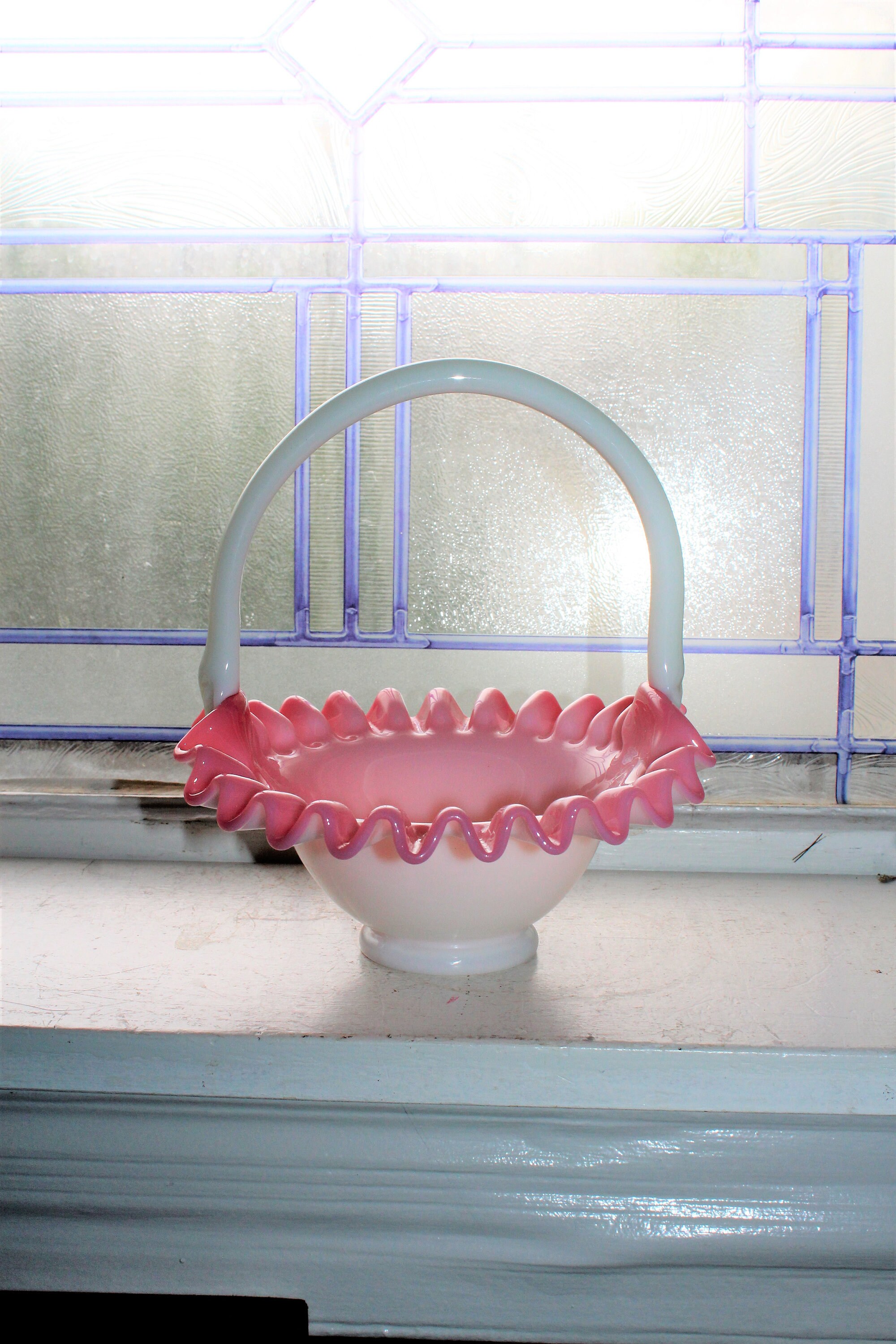 Pink and White Cased Glass Basket Vintage Brides Basket