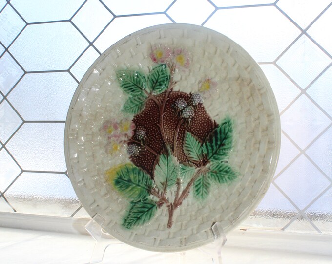 Antique Majolica Plate Blackberries and Basket Weave Circa 1800s