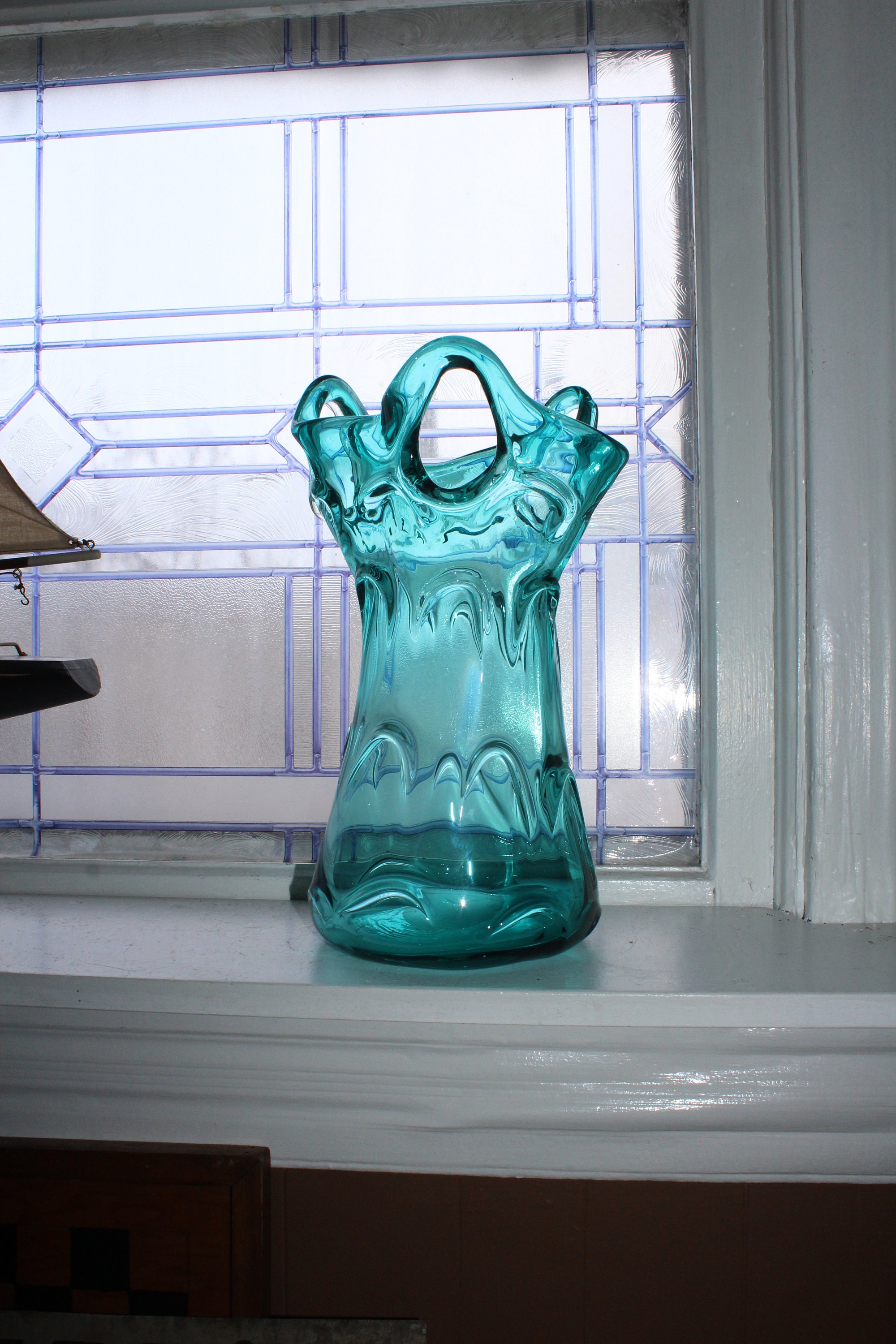 Large Vintage Teal Glass Vase Free Form Openwork 13