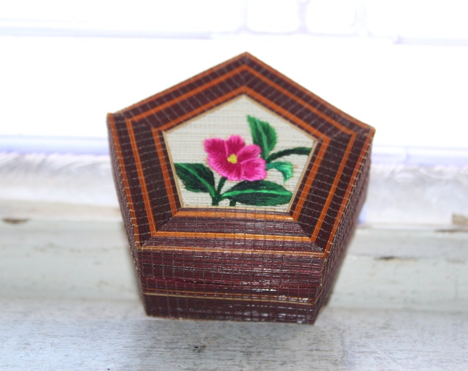 Vintage Wooden Jewelry Box with Embroidered Flower Lid