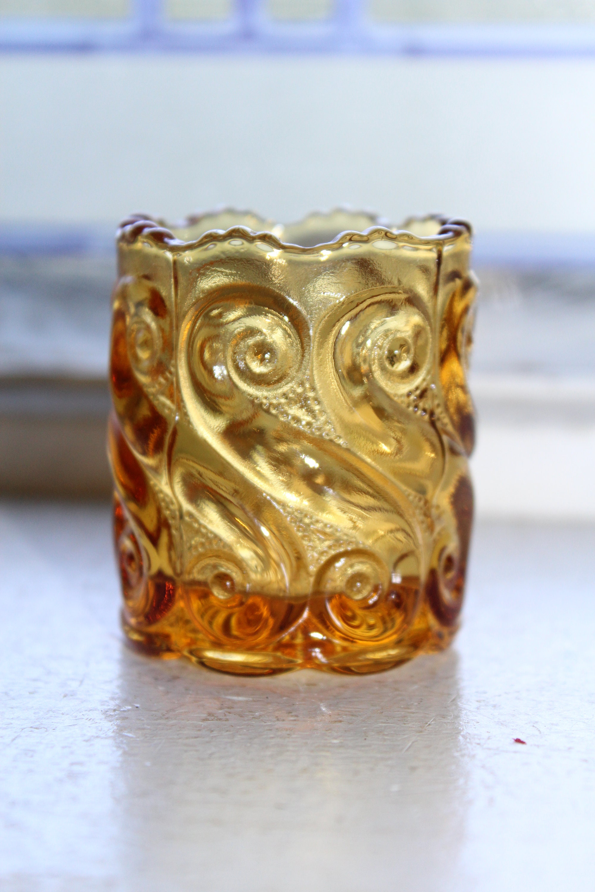 Vintage Amber Glass Toothpick Holder National Repeating S Waves Swirl