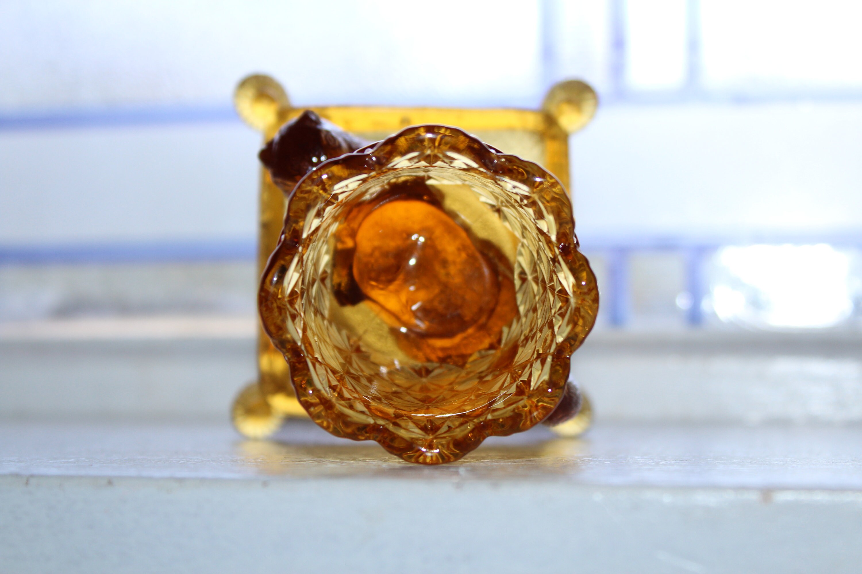 Antique Amber Glass Toothpick Holder Cat On Pillow Richards & Hartley EAPG