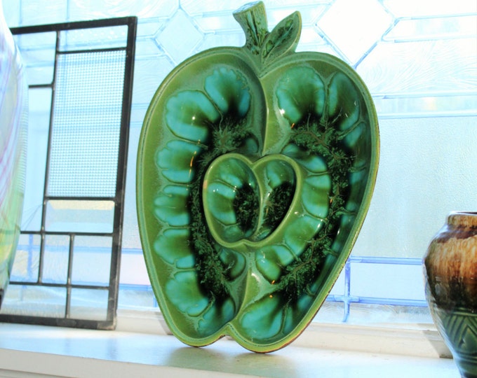 Vintage Treasure Craft Chip and Dip Bowl Green Mottled Apple 1960s Decor