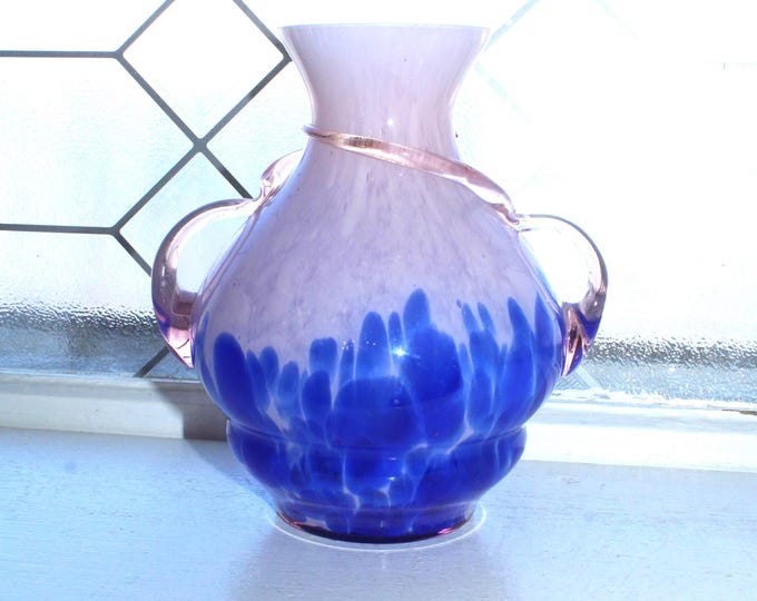 Vintage Venetian Empoli Glass Vase Pink and Blue w/ Glass Thread & Handles
