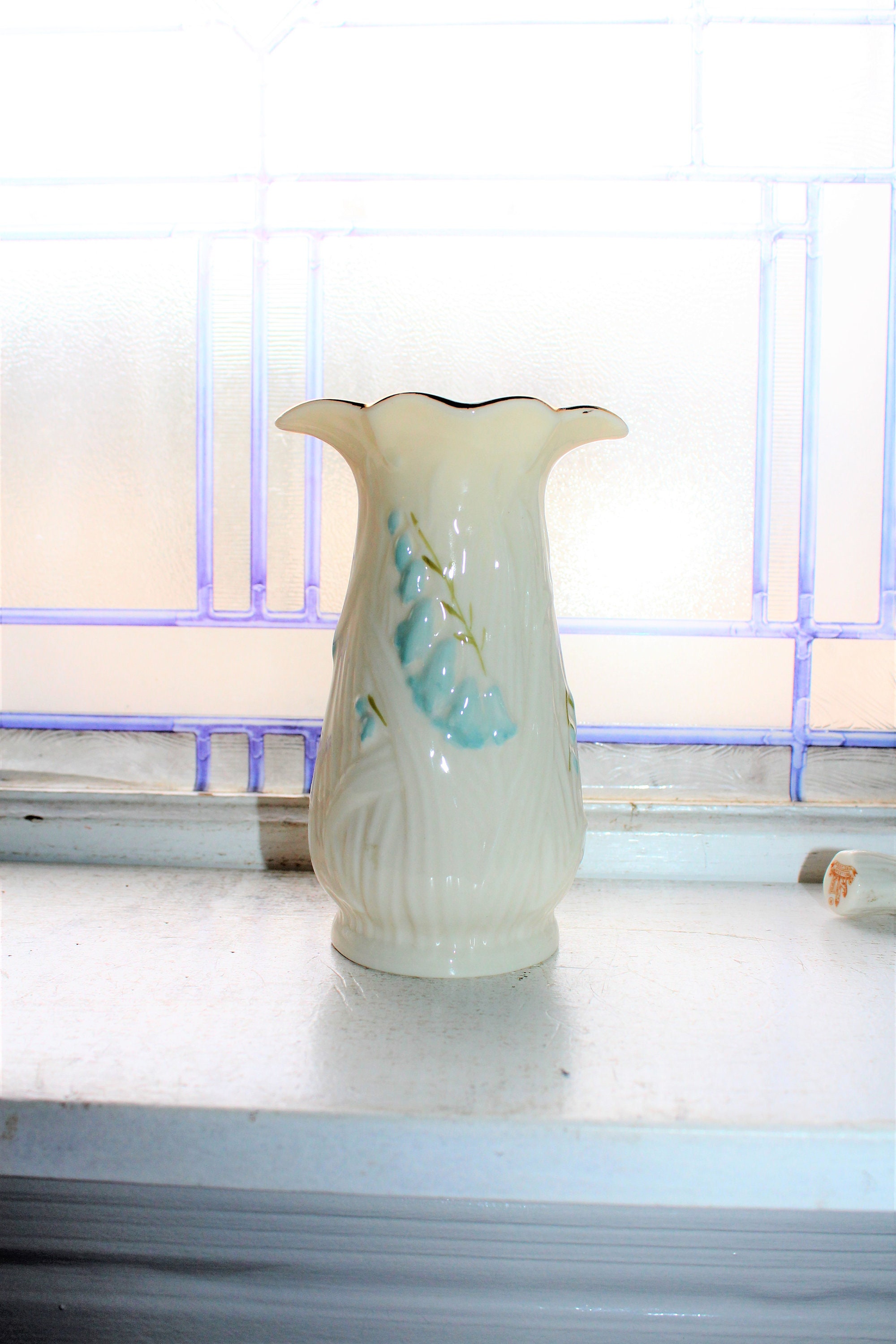 Vintage Irish Belleek Harebell Vase with Blue Bell Flowers Gold Mark