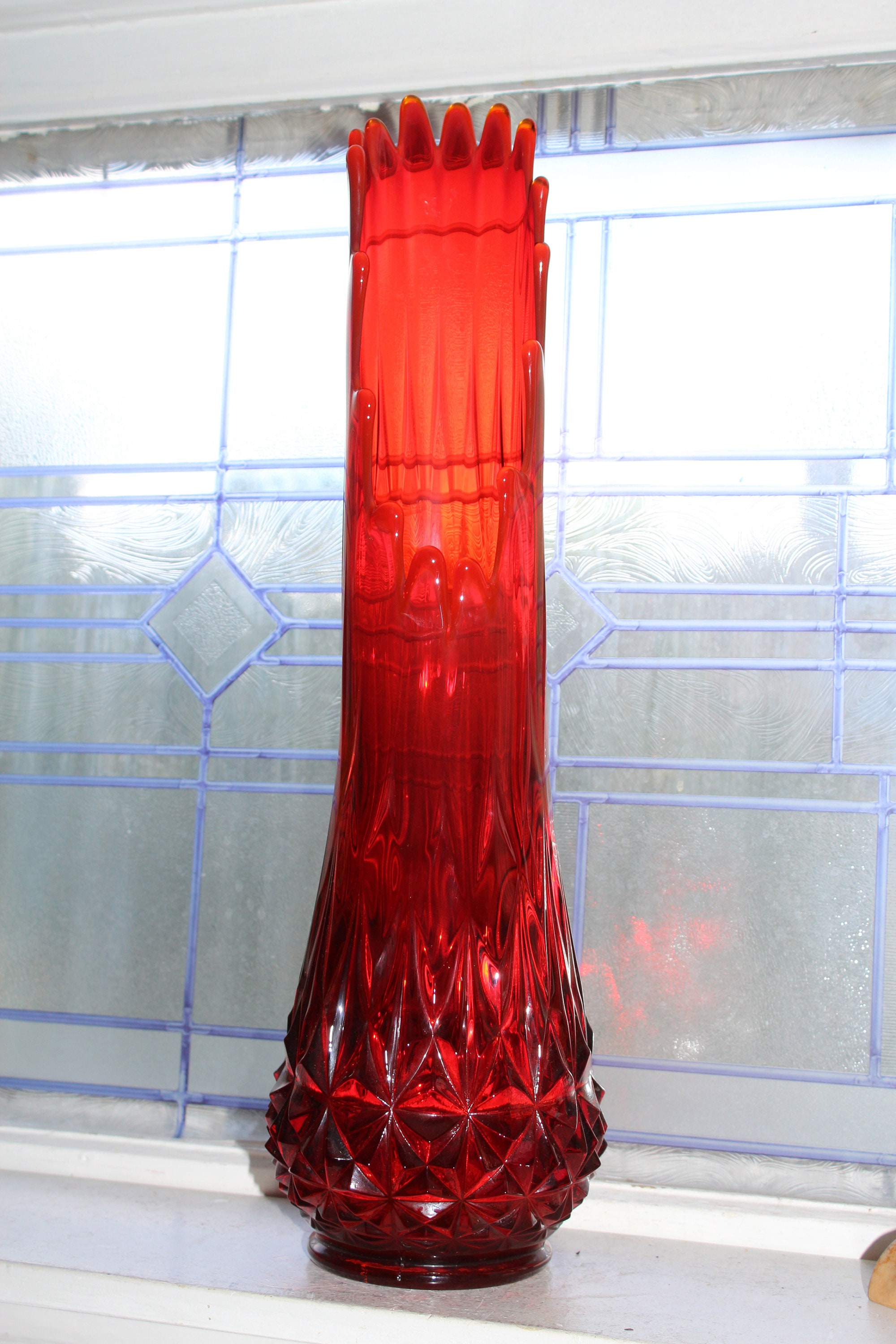 Large Red Glass Vase 22.5 Vintage Mid Century Modern Swung Glass