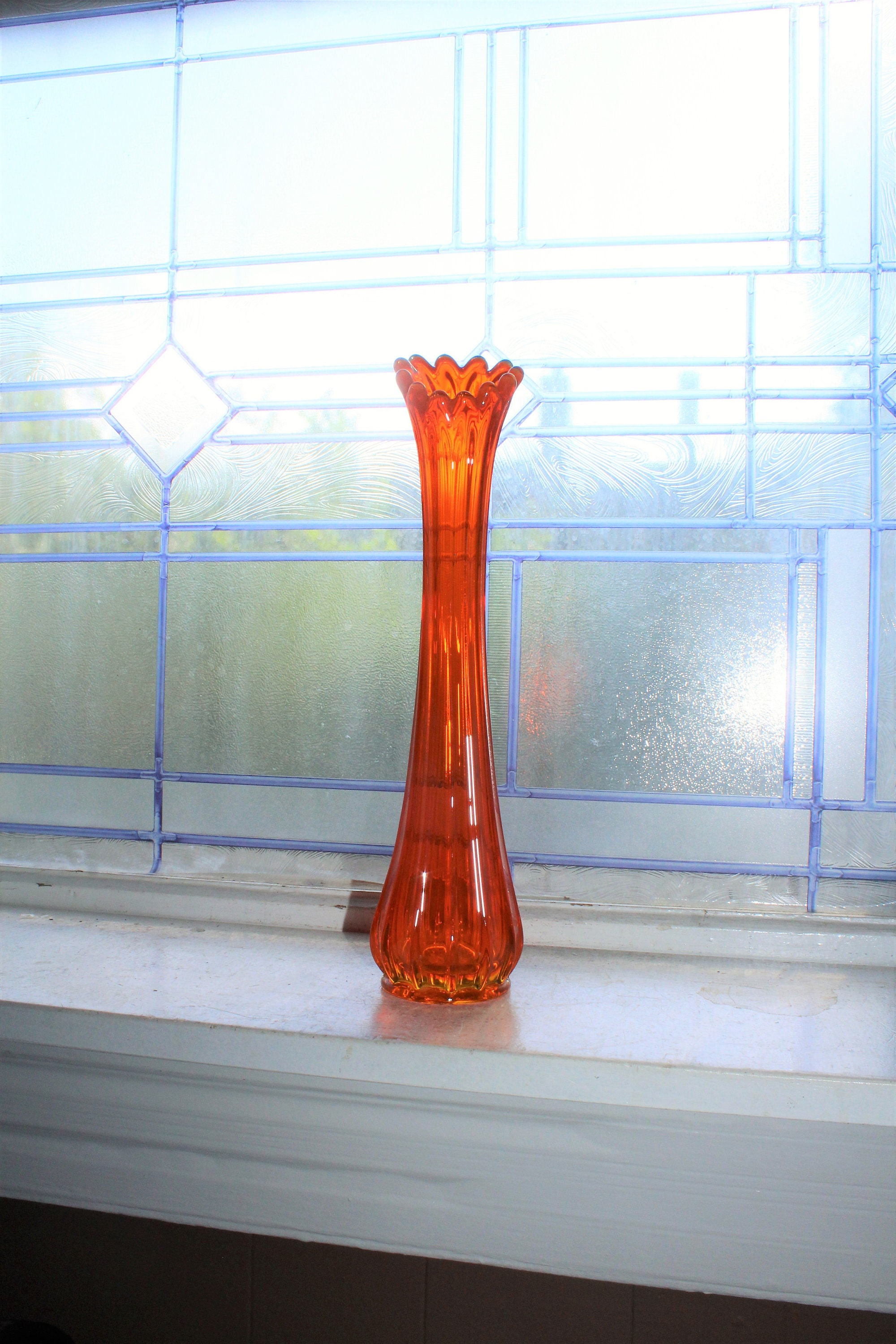 Large Orange Swung Glass Vase 12.5 Vintage Mid Century Modern
