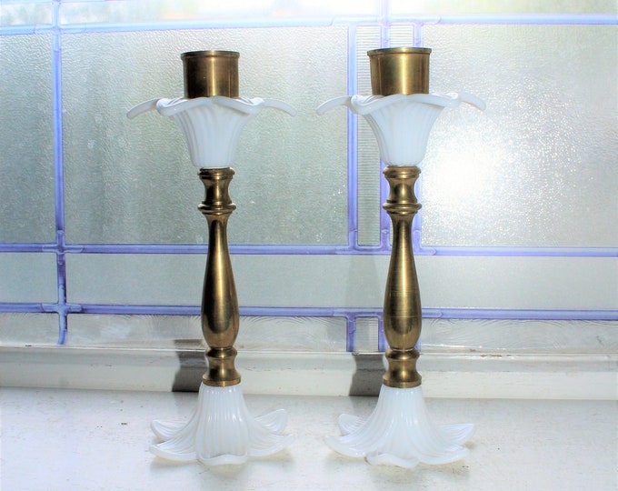 Vintage Milk Glass and Brass Floral Candlestick Holders Pair